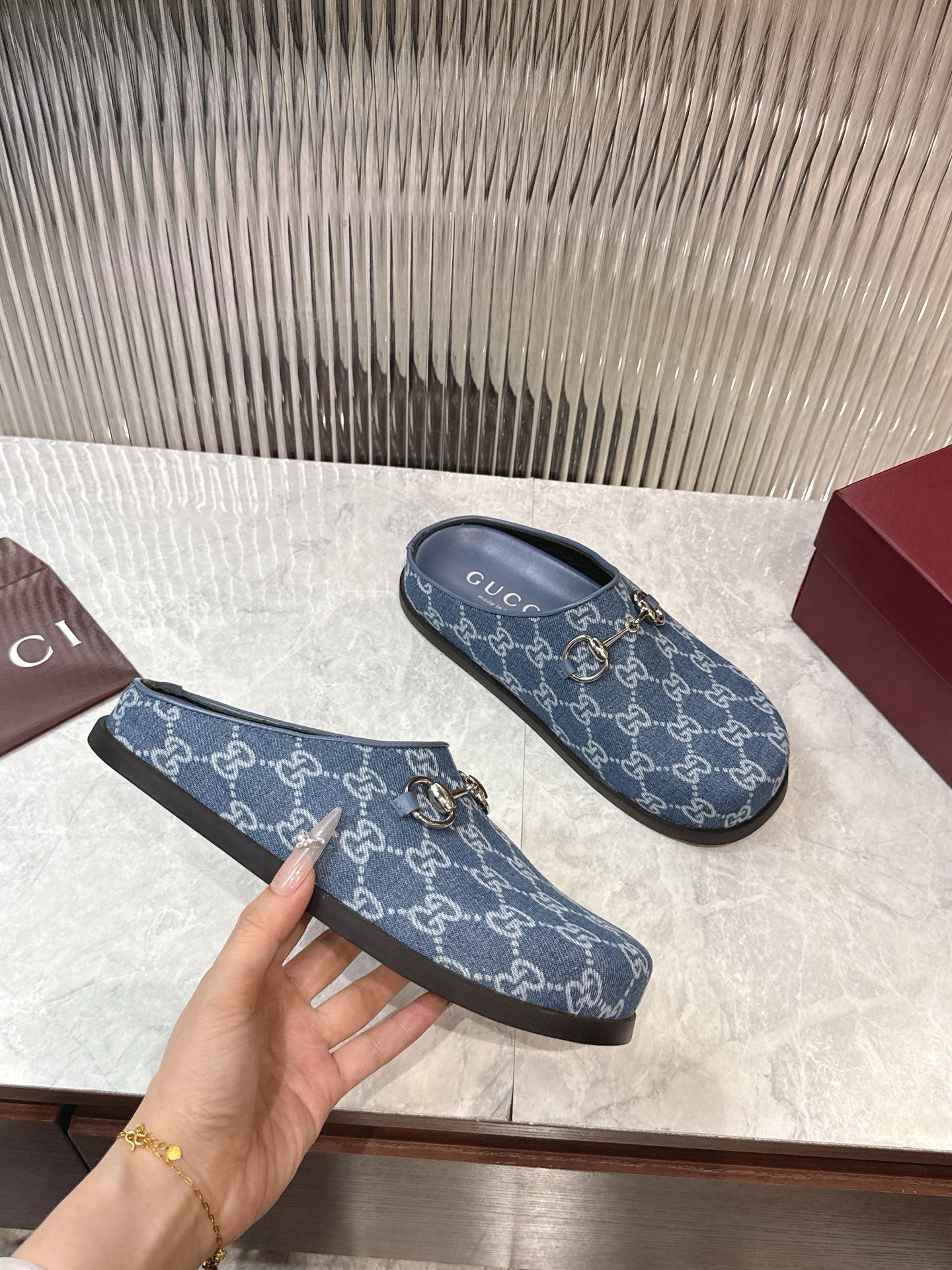 Horsebit Denim Mule – Blue GG Monogram Jacquard with Silver-Toned Hardware