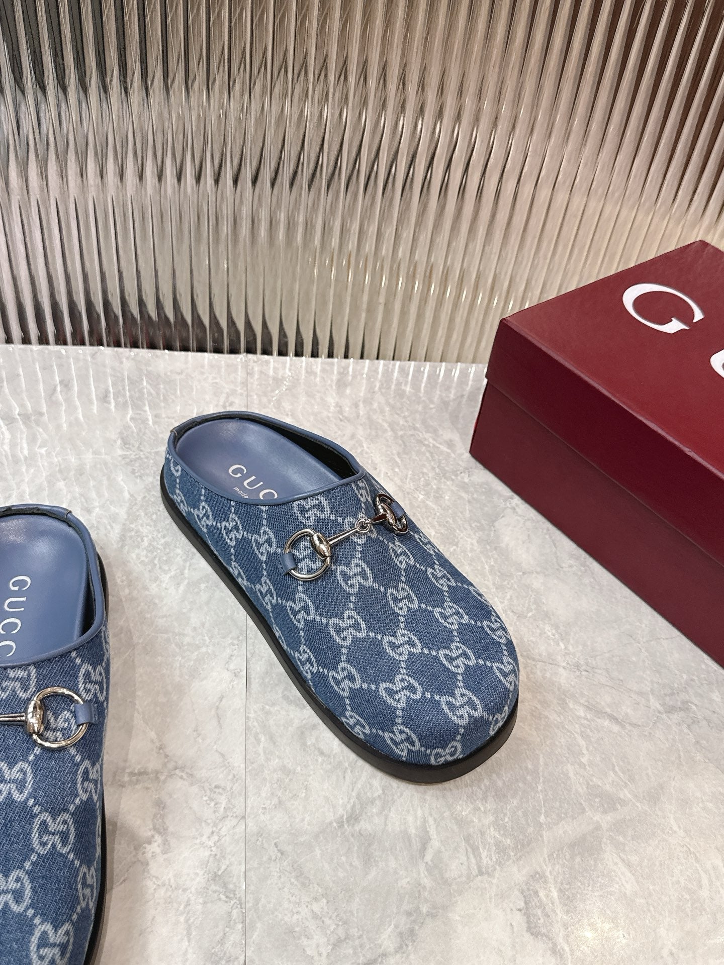 Horsebit Denim Mule – Blue GG Monogram Jacquard with Silver-Toned Hardware