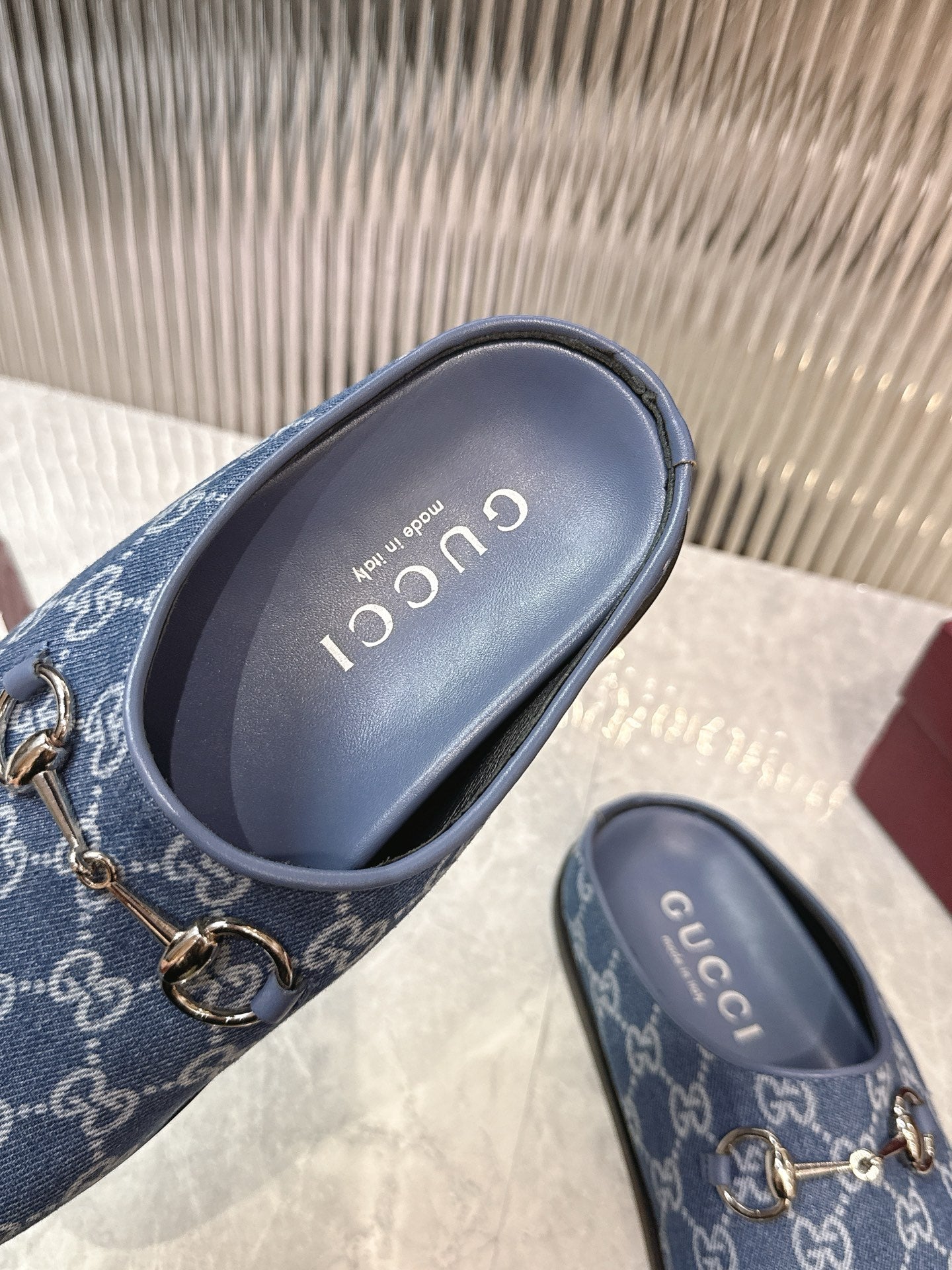 Horsebit Denim Mule – Blue GG Monogram Jacquard with Silver-Toned Hardware