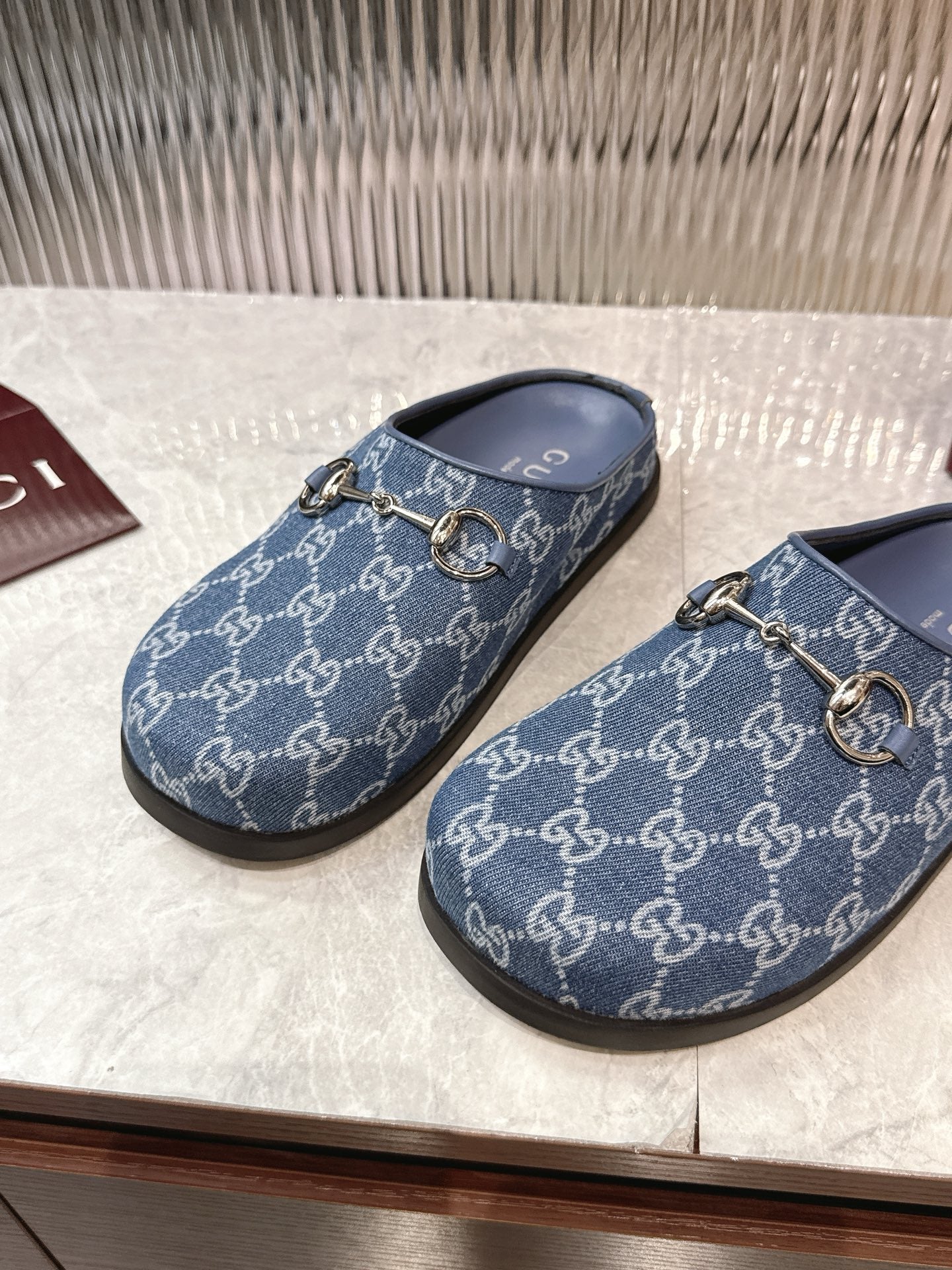 Horsebit Denim Mule – Blue GG Monogram Jacquard with Silver-Toned Hardware