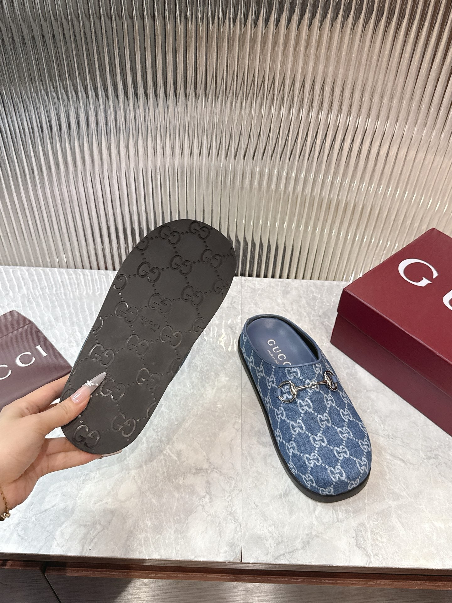 Horsebit Denim Mule – Blue GG Monogram Jacquard with Silver-Toned Hardware