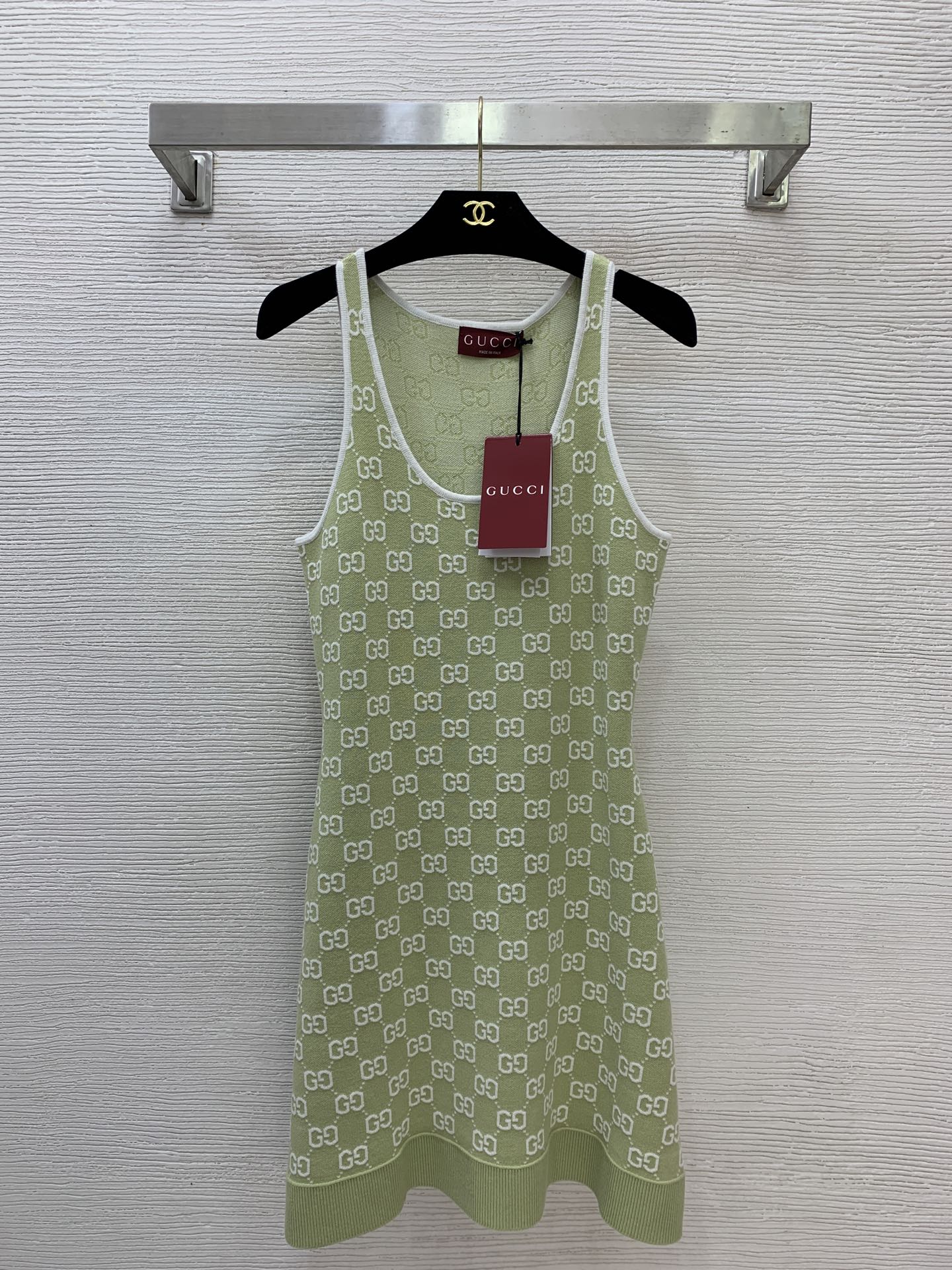 GG Supreme Knit Sage Green Tank Dress – Fine-Gauge Cotton-Blend Mini Dress