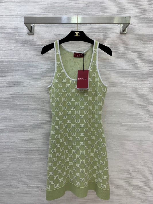 GG Supreme Knit Sage Green Tank Dress – Fine-Gauge Cotton-Blend Mini Dress