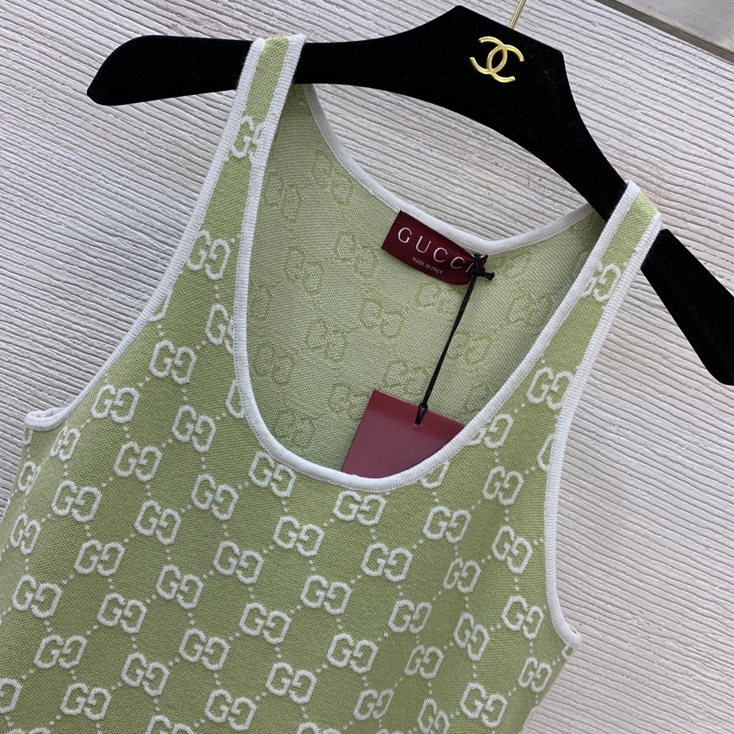 GG Supreme Knit Sage Green Tank Dress – Fine-Gauge Cotton-Blend Mini Dress