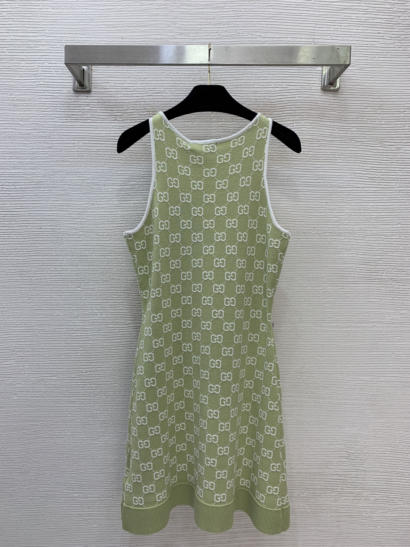 GG Supreme Knit Sage Green Tank Dress – Fine-Gauge Cotton-Blend Mini Dress