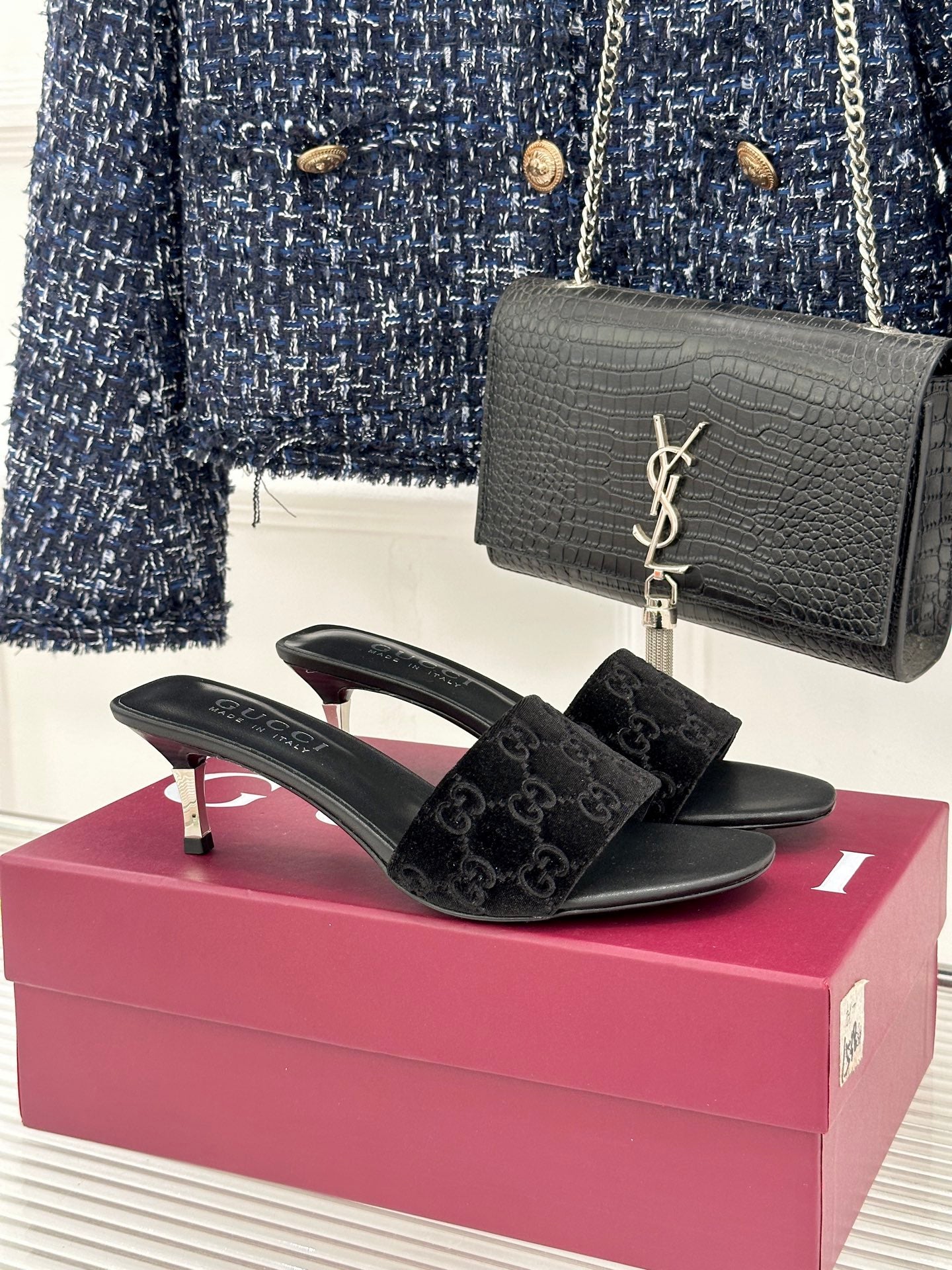GG Velvet Heeled Slide Sandals – Obsidian Black Monogrammed High-Density Velvet Open-Toe Mules
