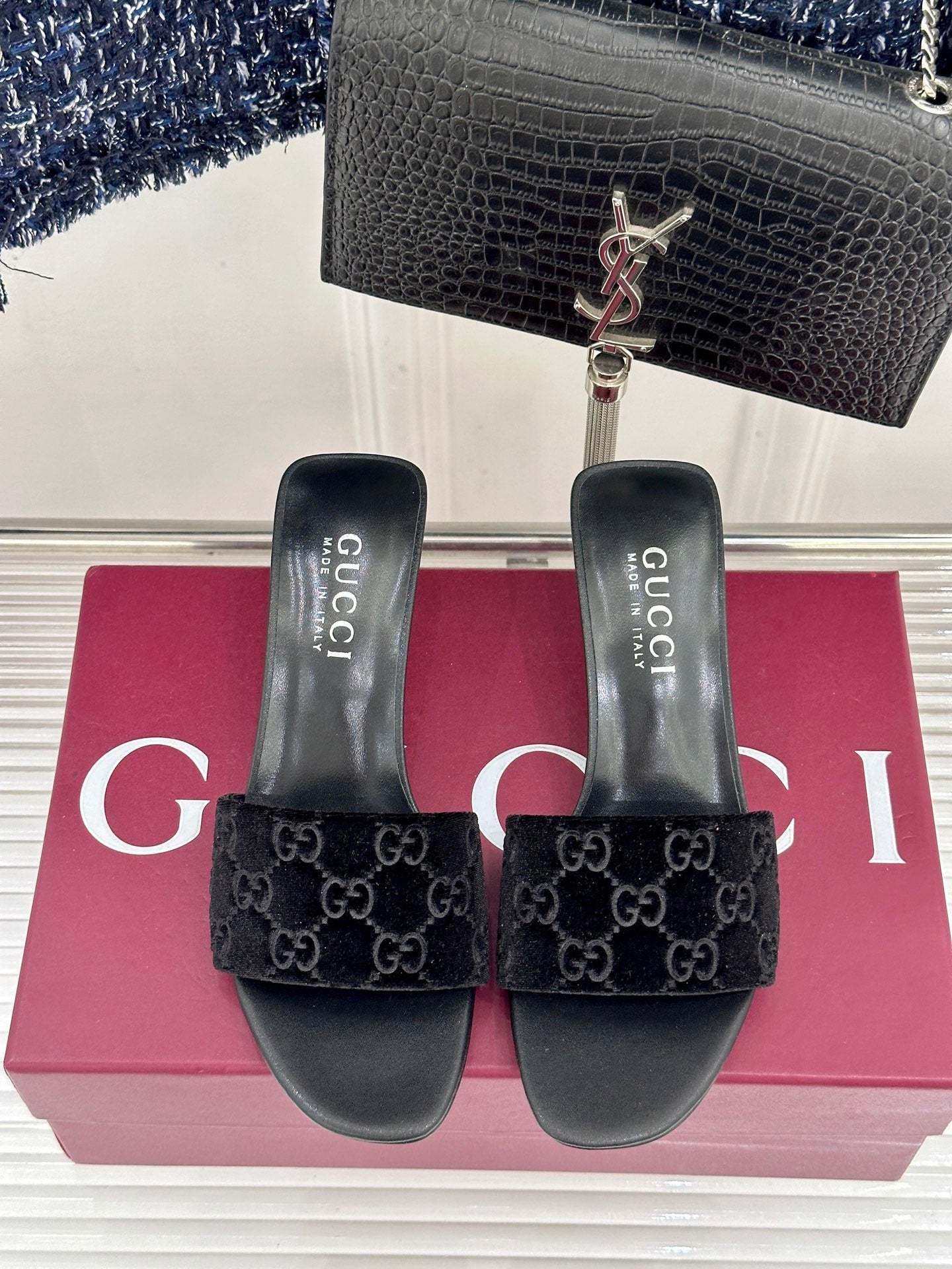 GG Velvet Heeled Slide Sandals – Obsidian Black Monogrammed High-Density Velvet Open-Toe Mules