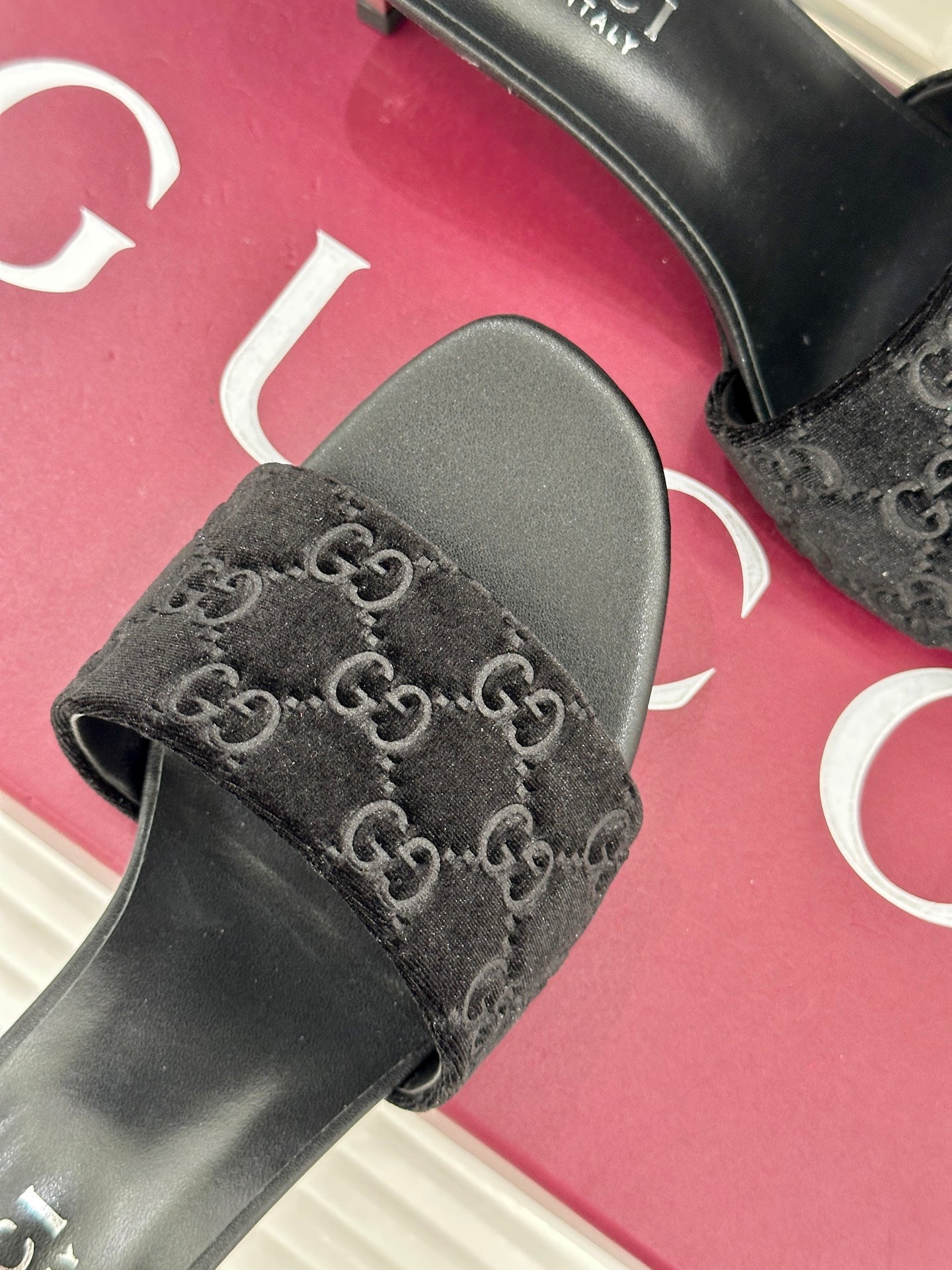 GG Velvet Heeled Slide Sandals – Obsidian Black Monogrammed High-Density Velvet Open-Toe Mules