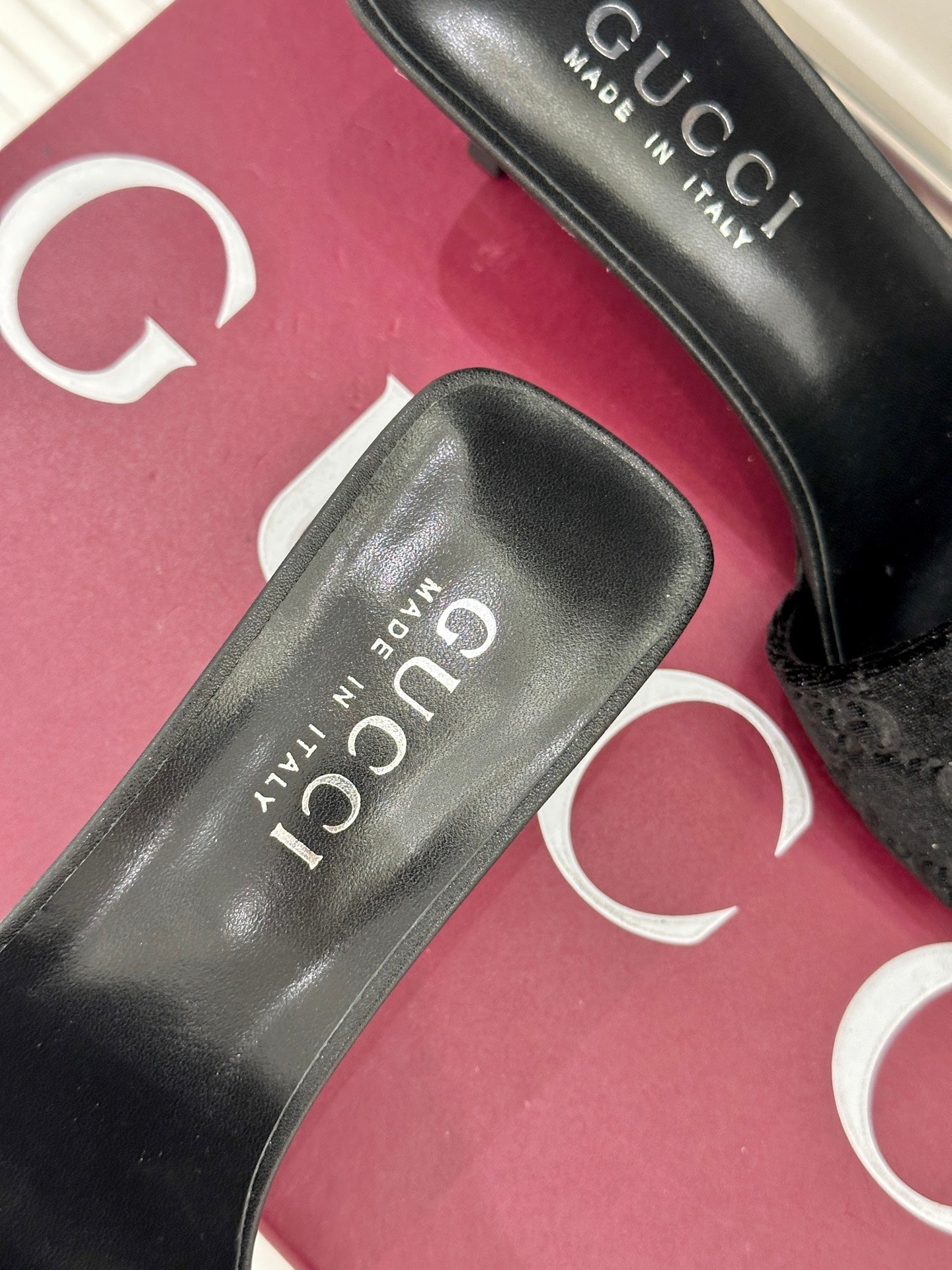 GG Velvet Heeled Slide Sandals – Obsidian Black Monogrammed High-Density Velvet Open-Toe Mules