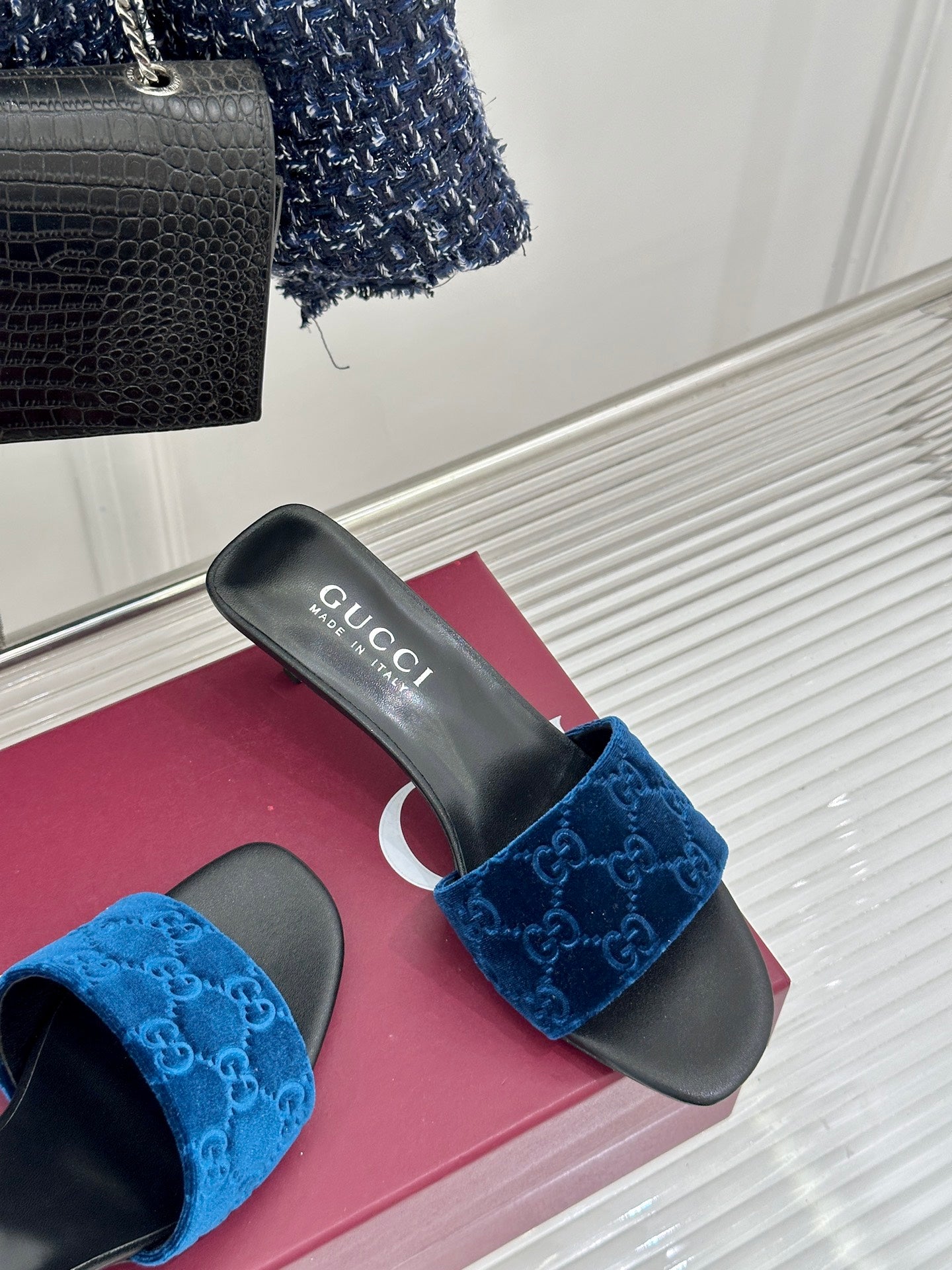 GG Electric Blue Slides – Monogrammed Velvet Heeled Sandals with Chrome Silver Kitten Heels