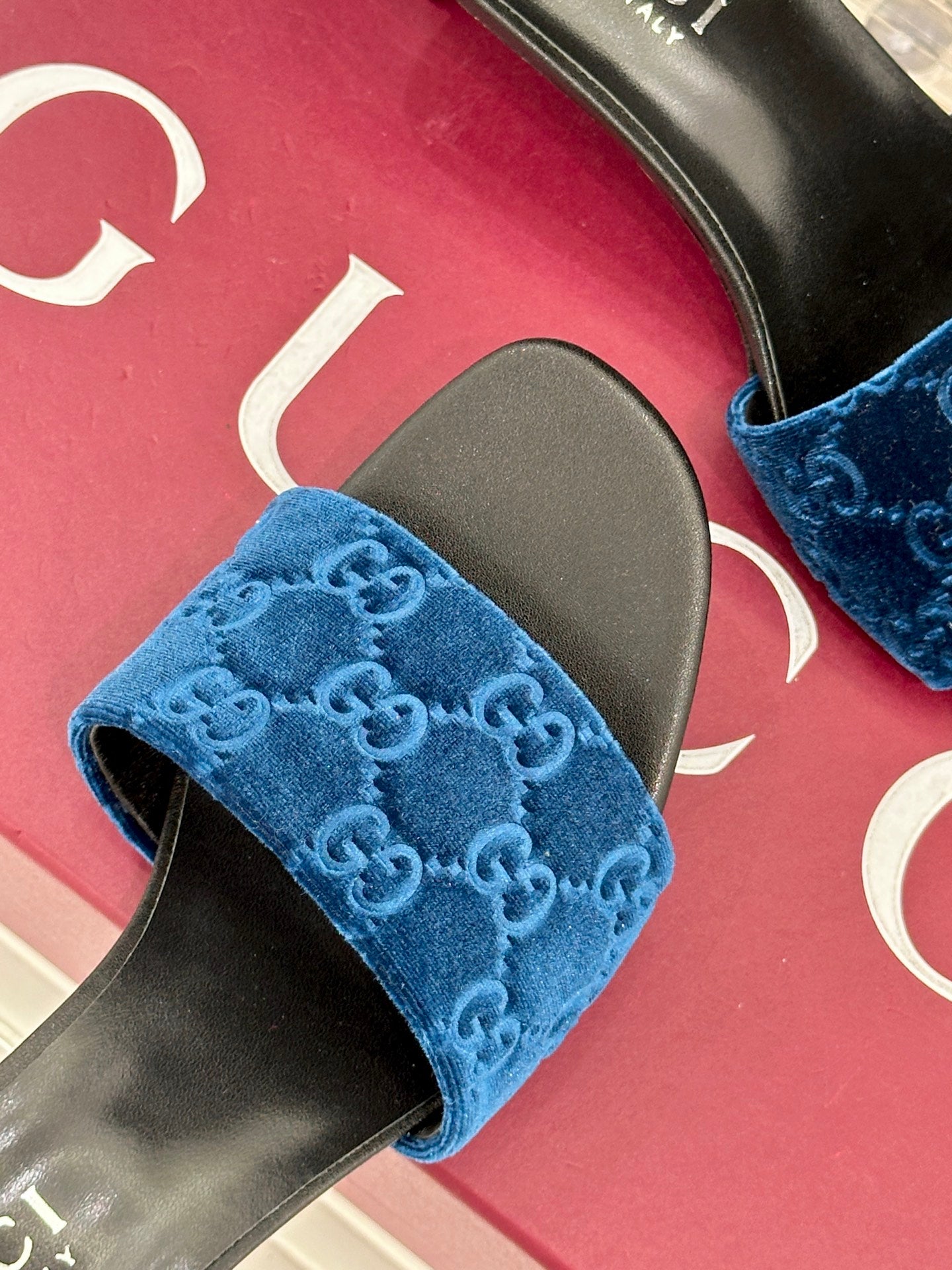 GG Electric Blue Slides – Monogrammed Velvet Heeled Sandals with Chrome Silver Kitten Heels