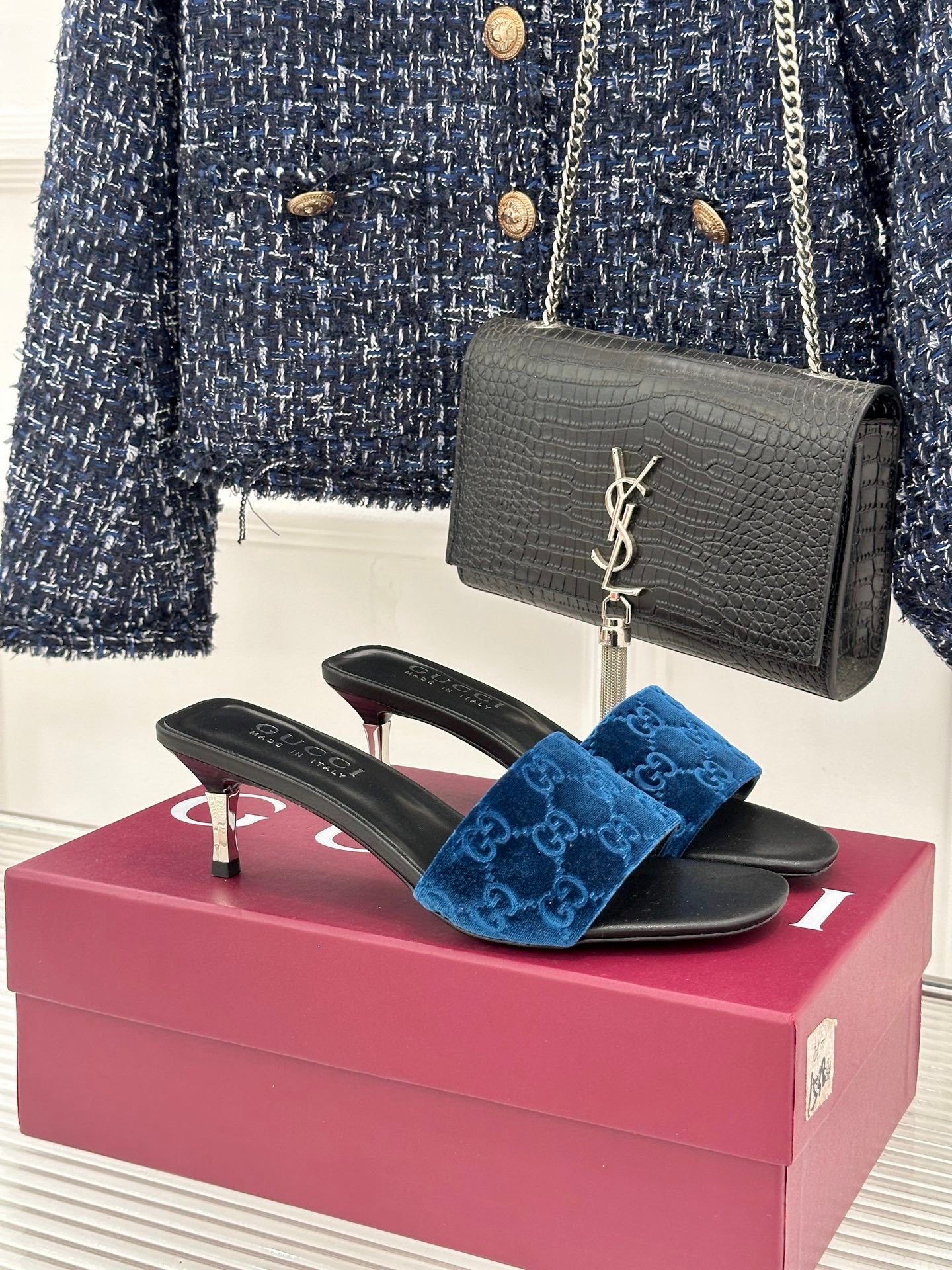GG Electric Blue Slides – Monogrammed Velvet Heeled Sandals with Chrome Silver Kitten Heels