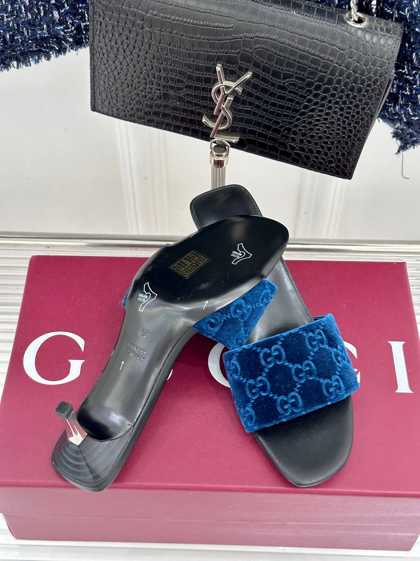 GG Electric Blue Slides – Monogrammed Velvet Heeled Sandals with Chrome Silver Kitten Heels