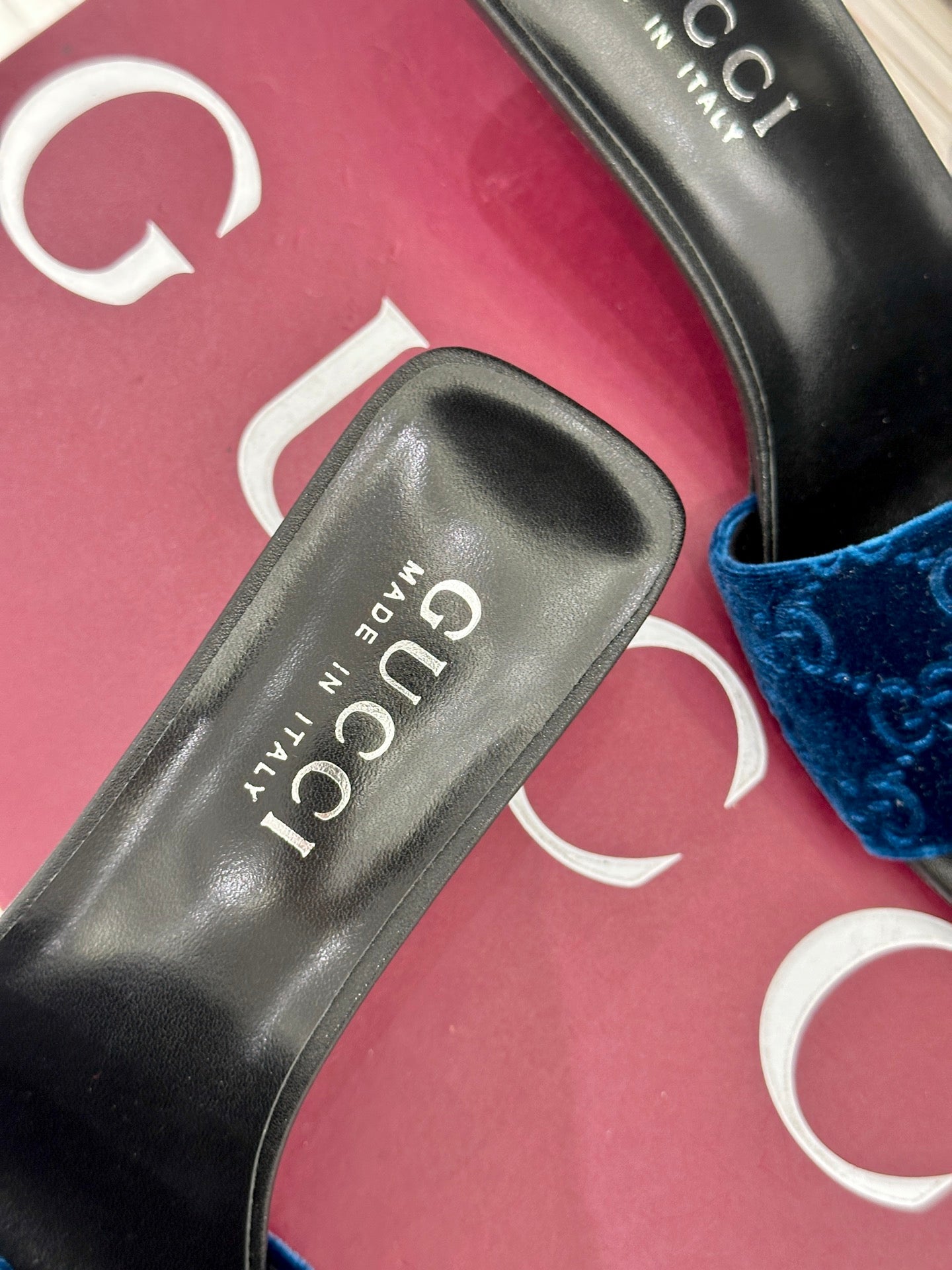 GG Electric Blue Slides – Monogrammed Velvet Heeled Sandals with Chrome Silver Kitten Heels