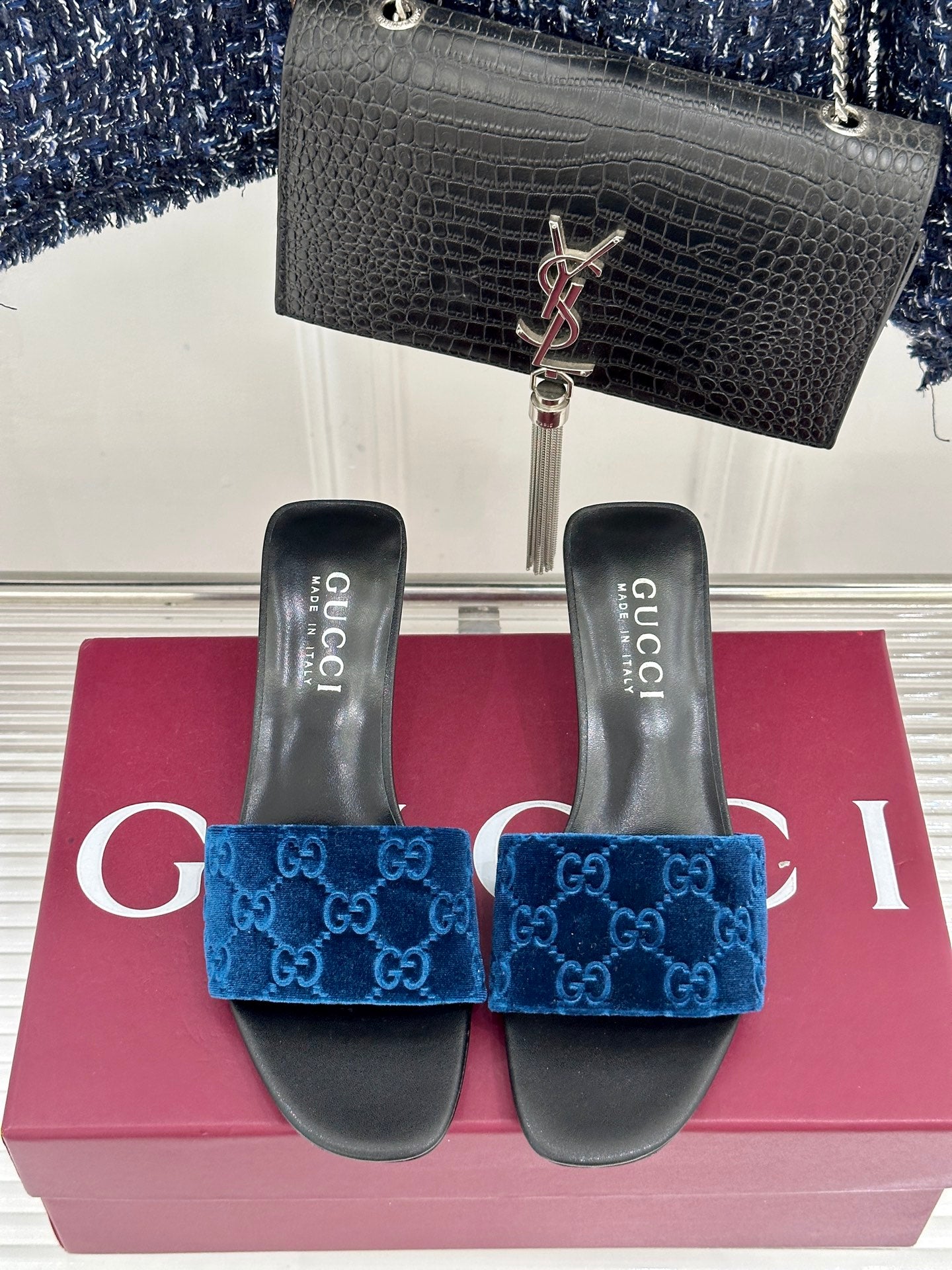 GG Electric Blue Slides – Monogrammed Velvet Heeled Sandals with Chrome Silver Kitten Heels