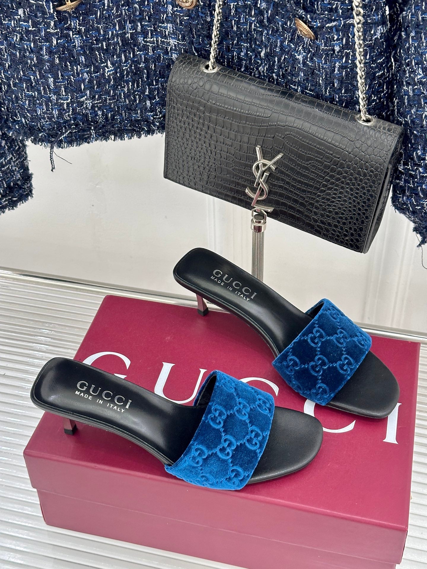 GG Electric Blue Slides – Monogrammed Velvet Heeled Sandals with Chrome Silver Kitten Heels