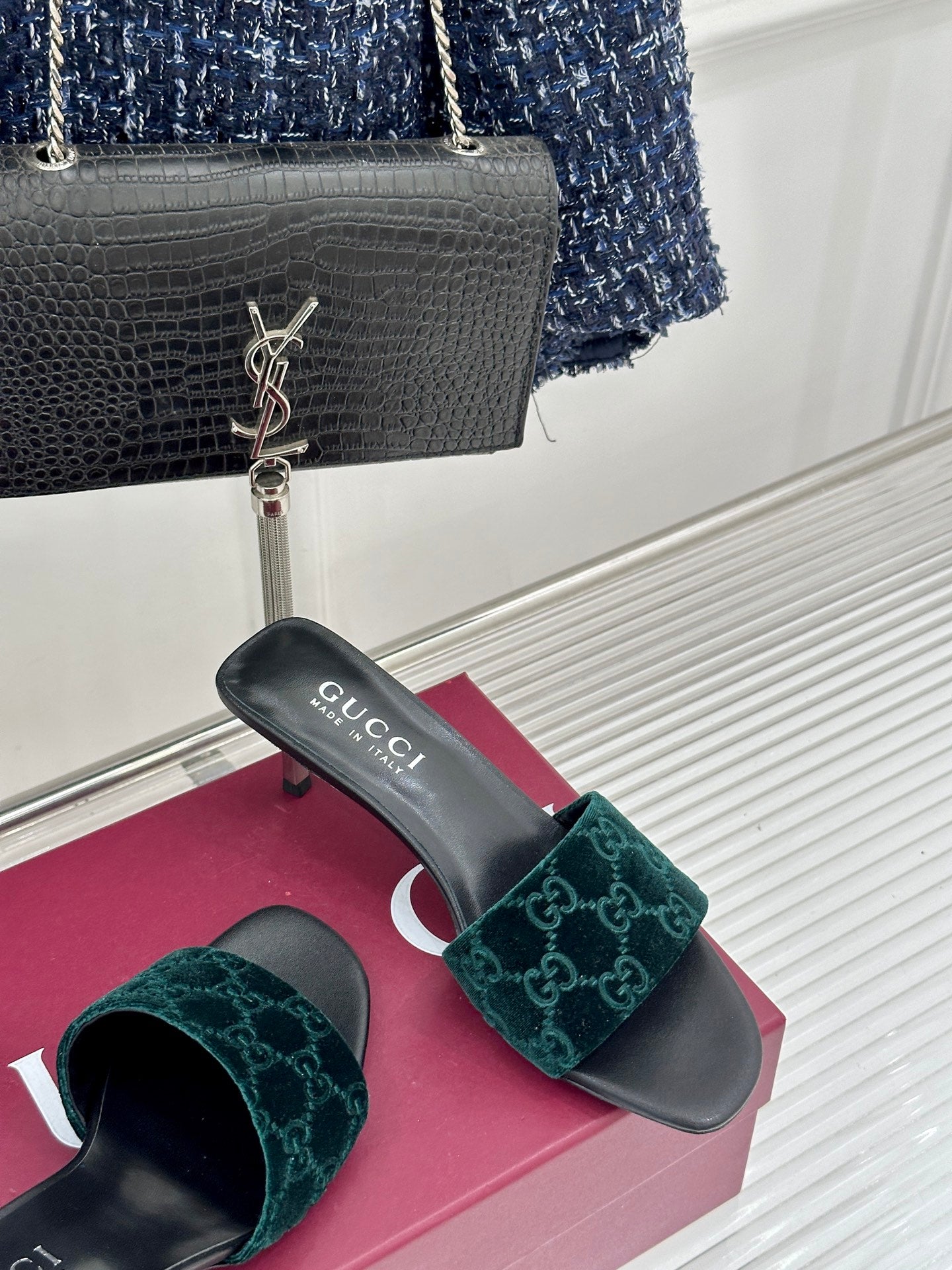GG Velvet Heeled Slide Sandals – Emerald Green Monogrammed Open-Toe Mules
