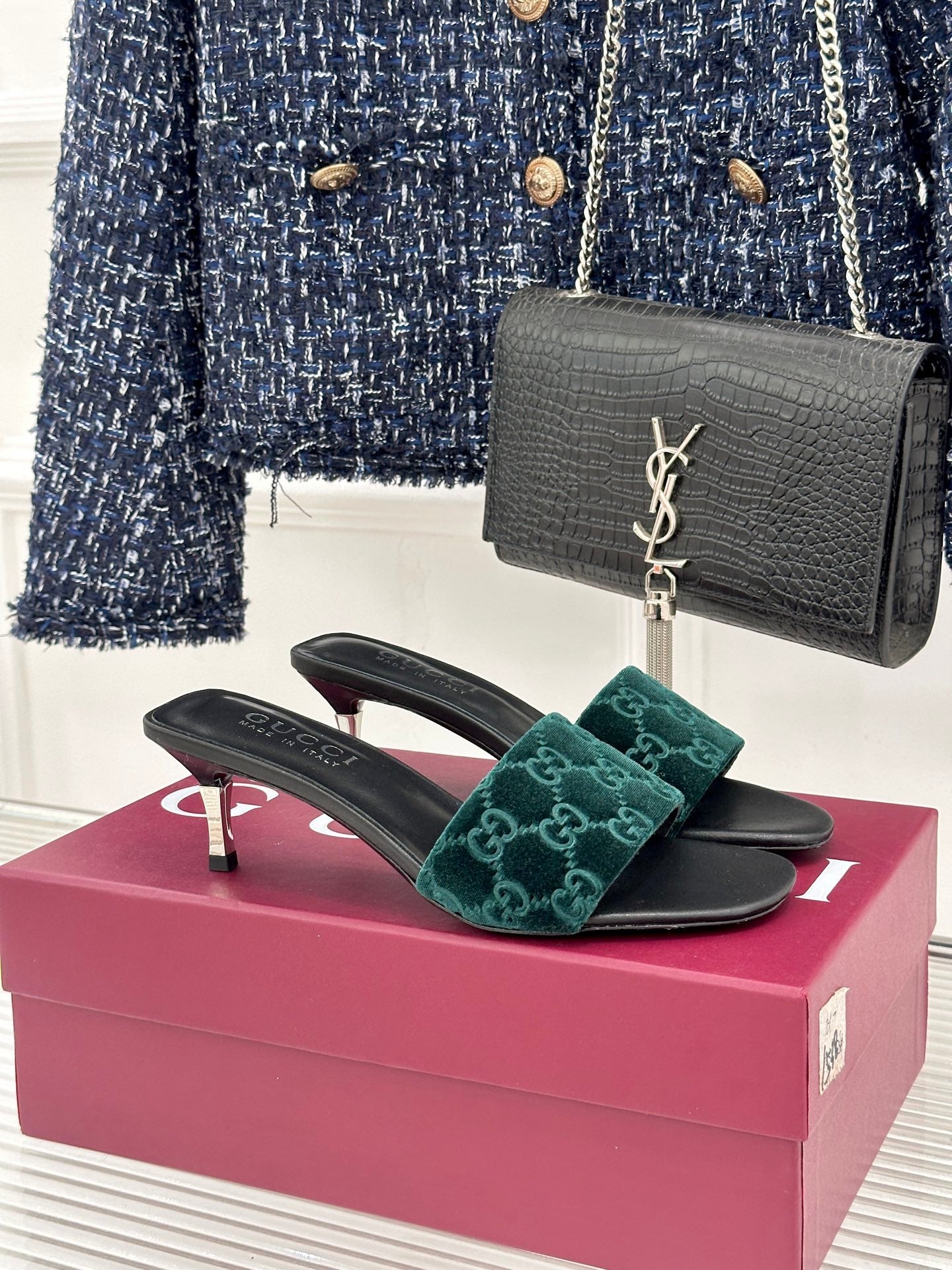 GG Velvet Heeled Slide Sandals – Emerald Green Monogrammed Open-Toe Mules