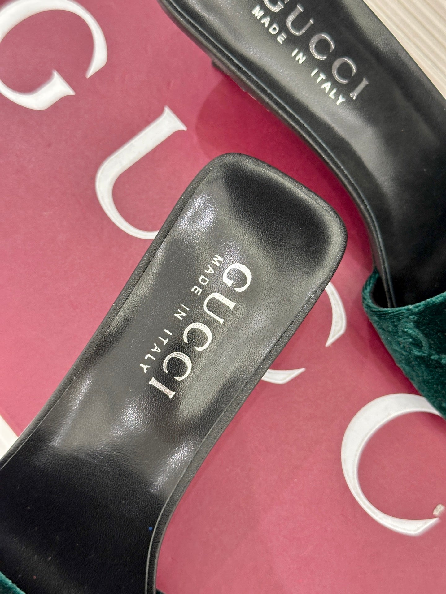 GG Velvet Heeled Slide Sandals – Emerald Green Monogrammed Open-Toe Mules