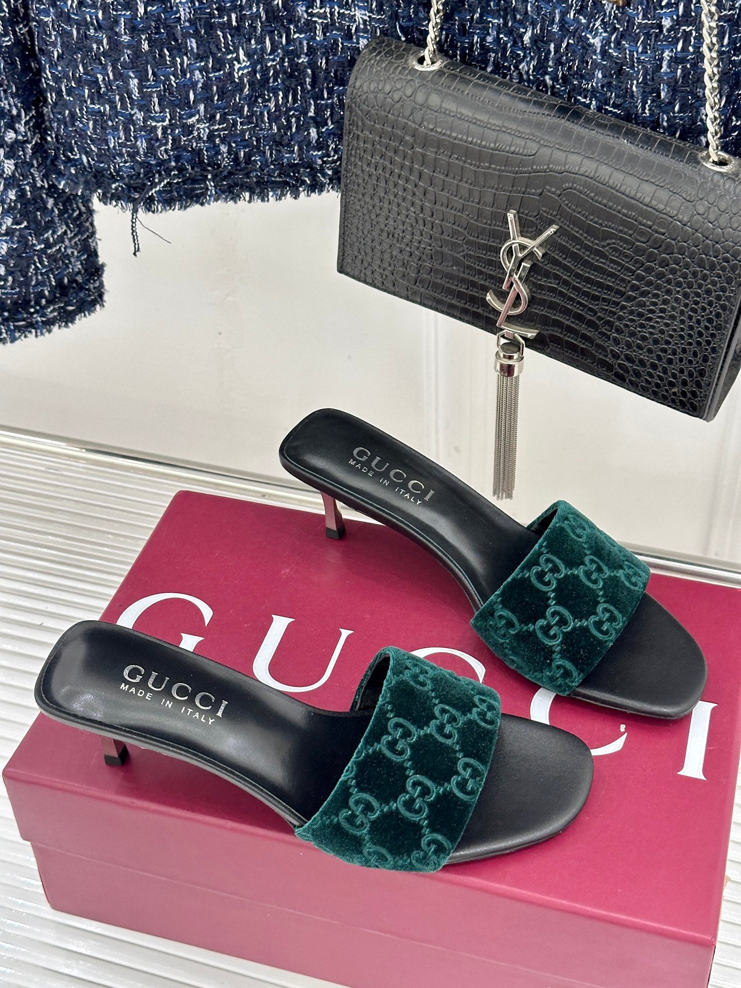 GG Velvet Heeled Slide Sandals – Emerald Green Monogrammed Open-Toe Mules