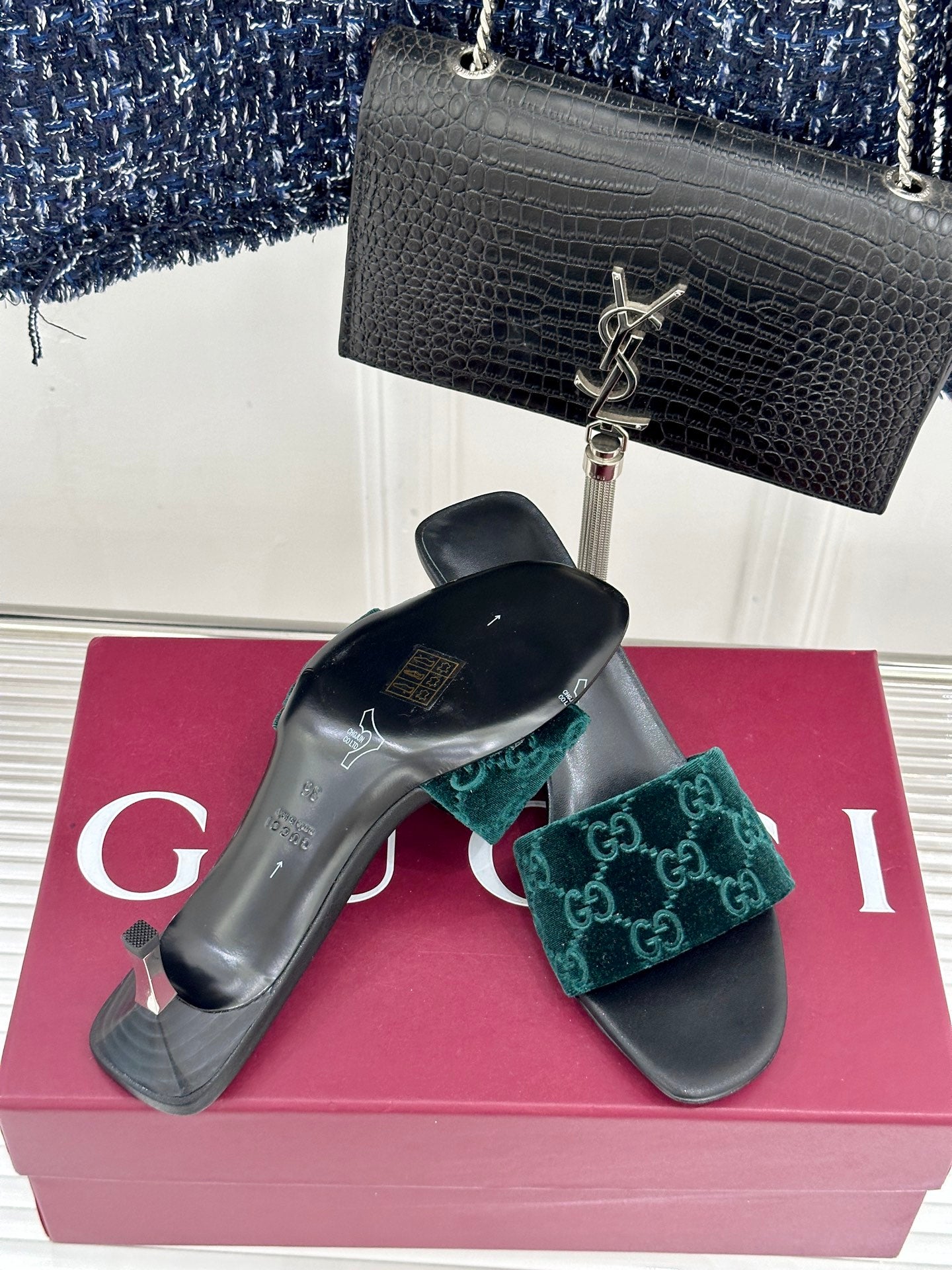 GG Velvet Heeled Slide Sandals – Emerald Green Monogrammed Open-Toe Mules