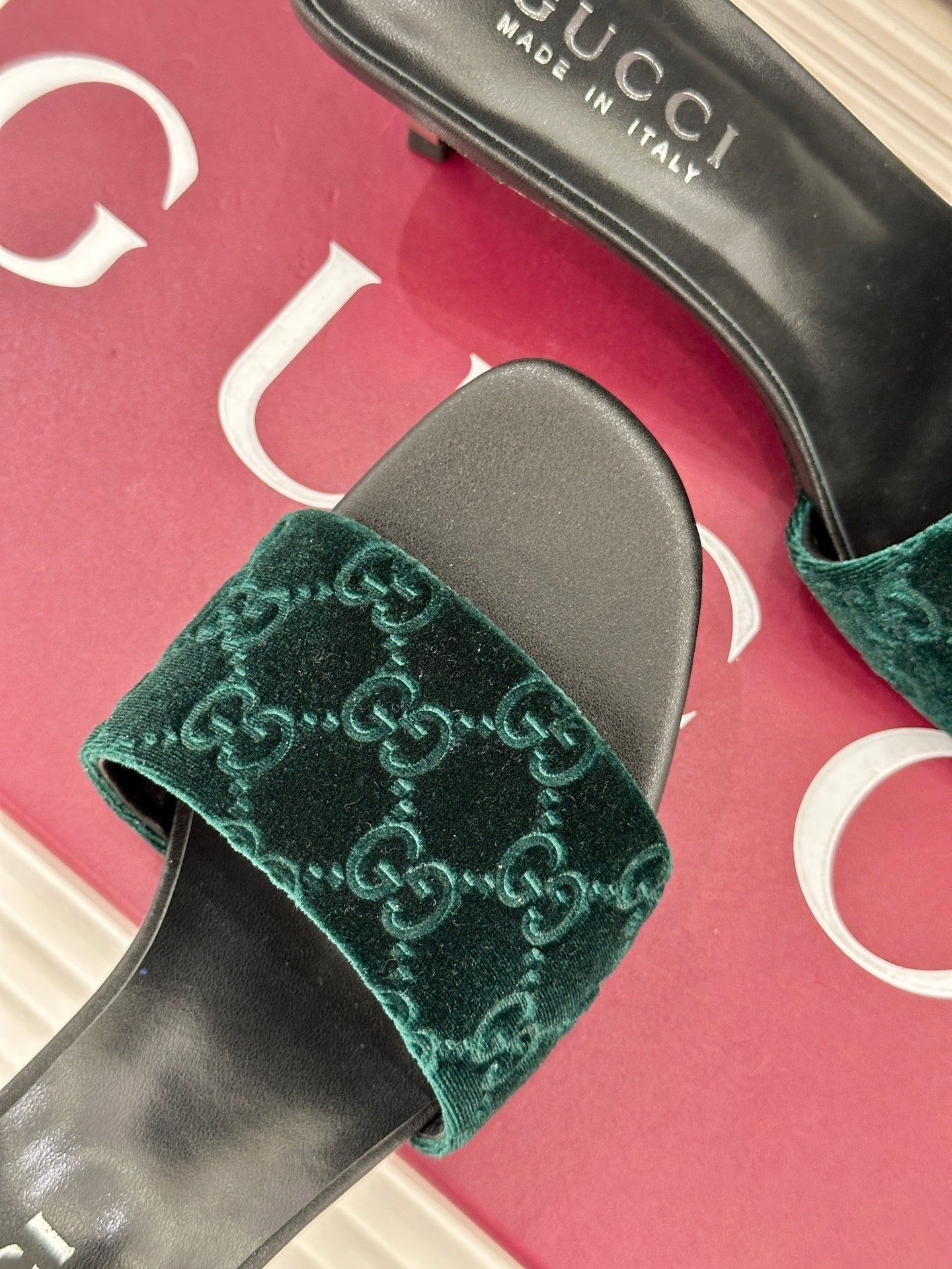 GG Velvet Heeled Slide Sandals – Emerald Green Monogrammed Open-Toe Mules