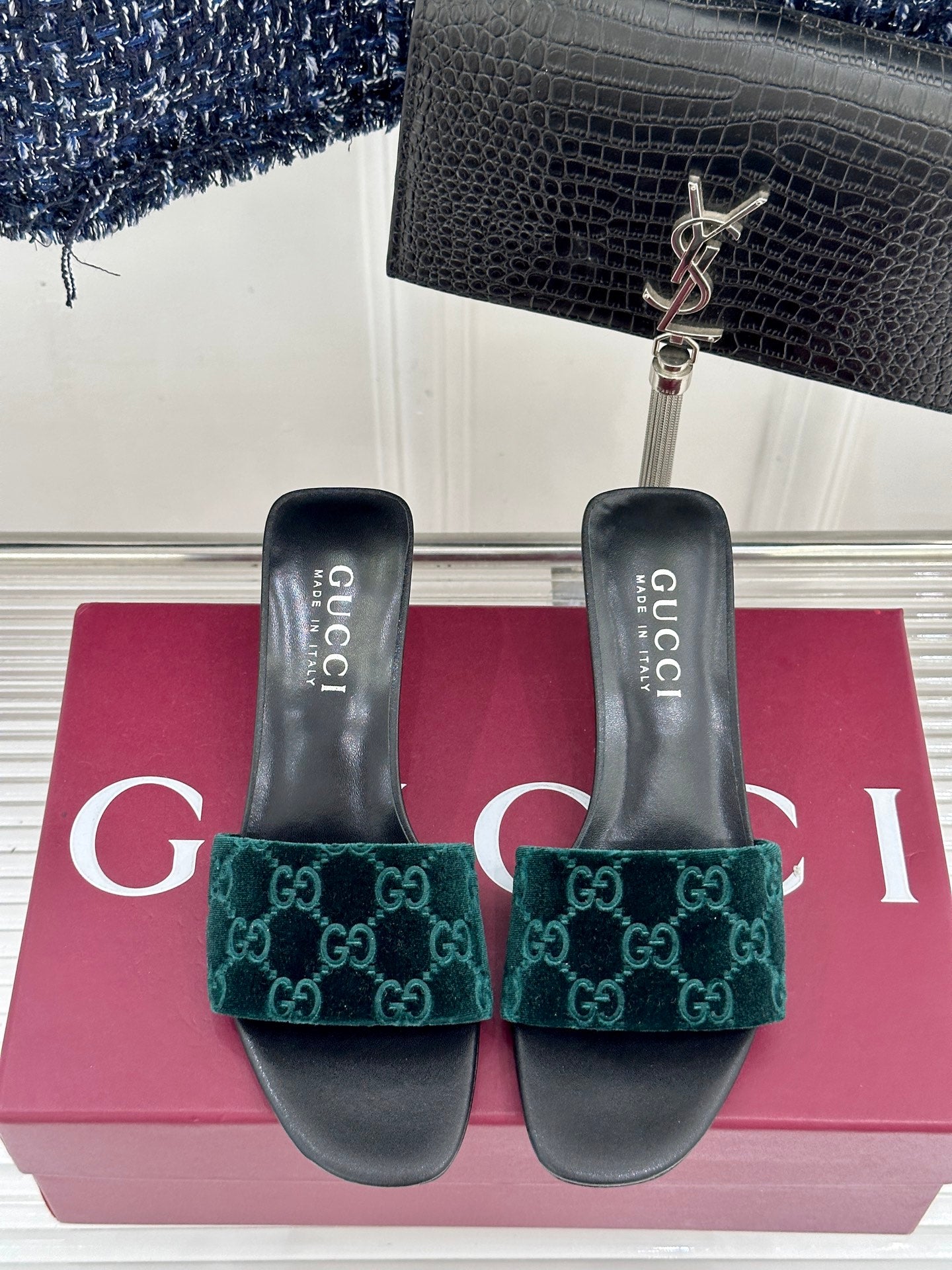 GG Velvet Heeled Slide Sandals – Emerald Green Monogrammed Open-Toe Mules
