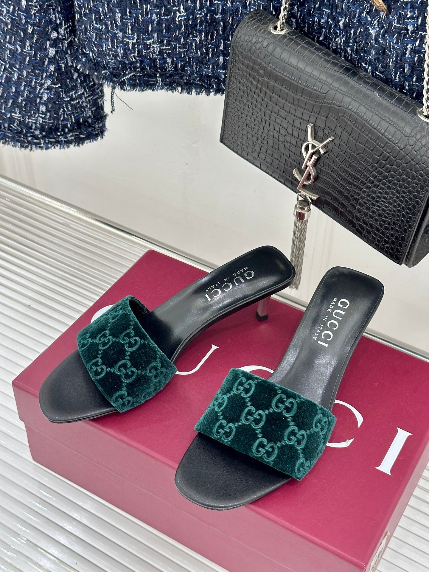 GG Velvet Heeled Slide Sandals – Emerald Green Monogrammed Open-Toe Mules