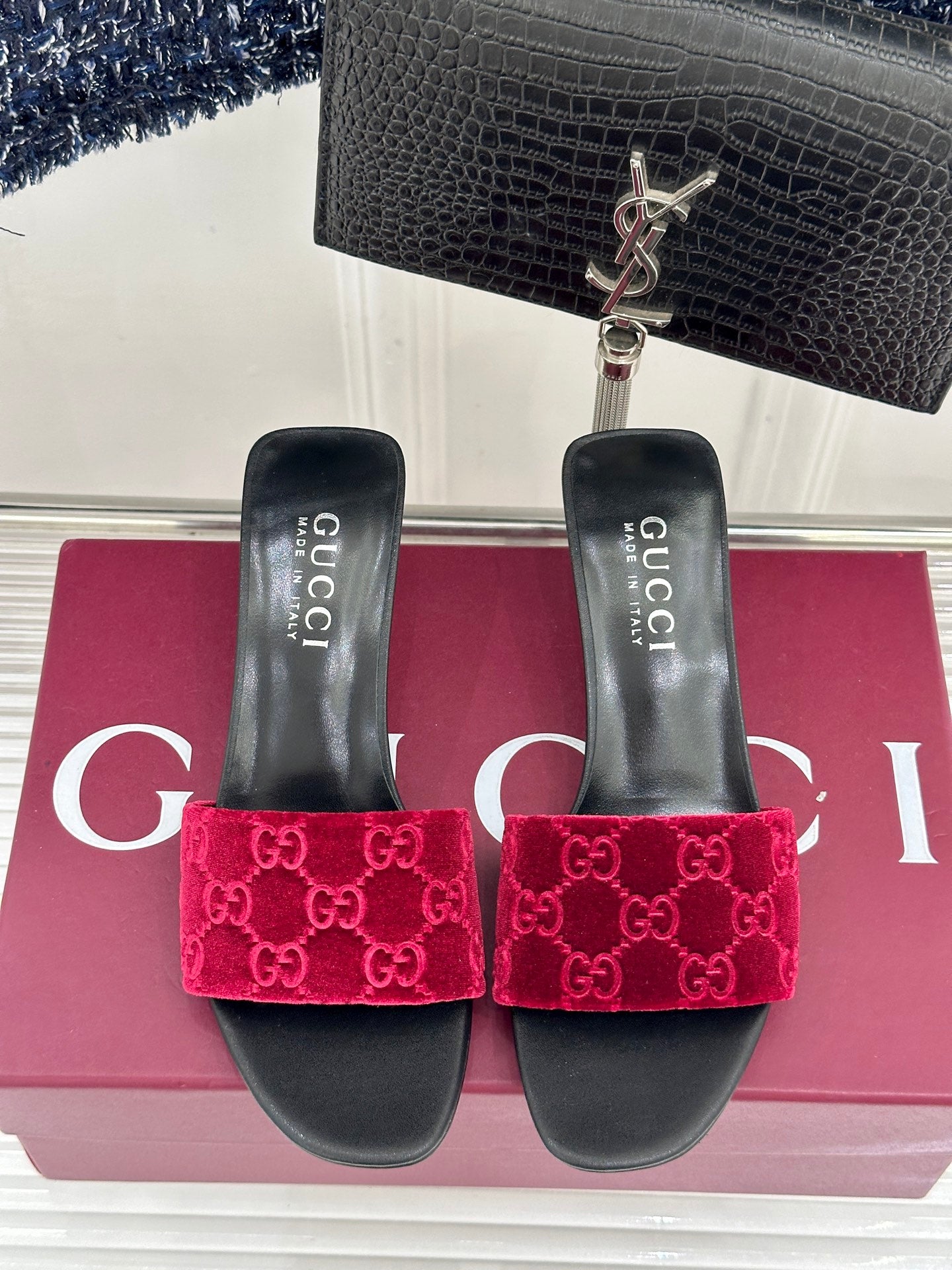 GG Velvet Heeled Slide Sandals – Ruby Red Monogrammed High-Density Velvet Open-Toe Mules