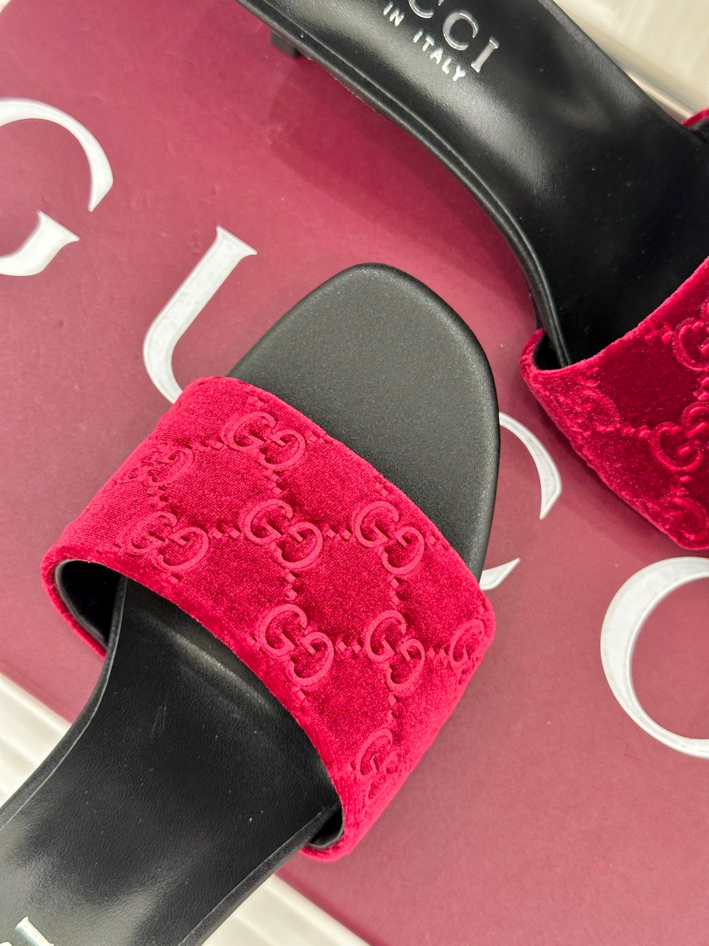 GG Velvet Heeled Slide Sandals – Ruby Red Monogrammed High-Density Velvet Open-Toe Mules