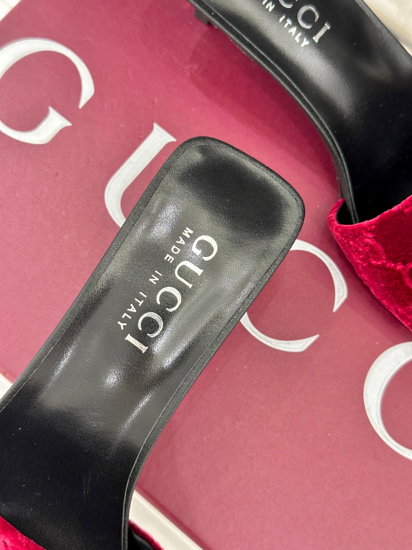 GG Velvet Heeled Slide Sandals – Ruby Red Monogrammed High-Density Velvet Open-Toe Mules