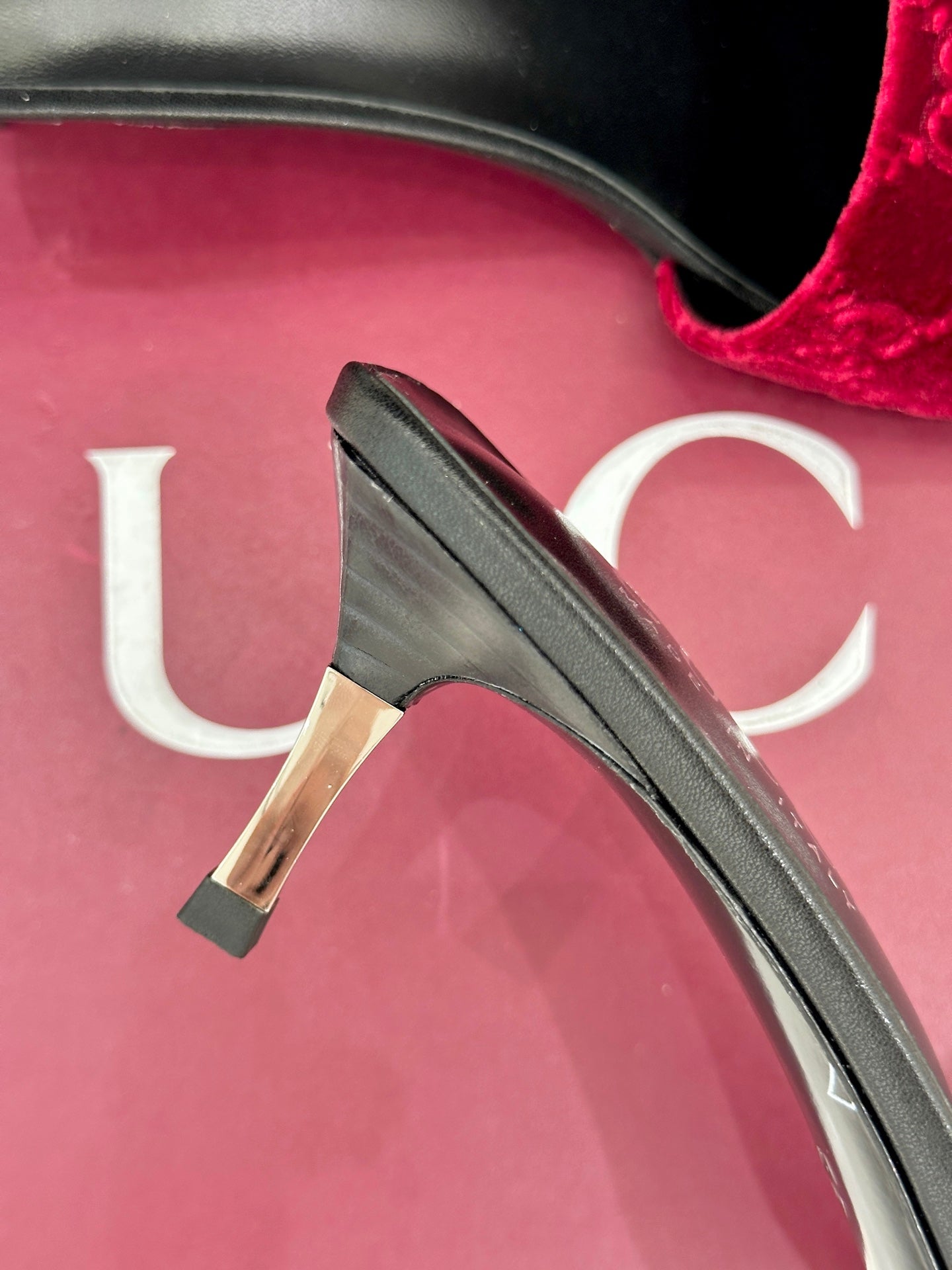 GG Velvet Heeled Slide Sandals – Ruby Red Monogrammed High-Density Velvet Open-Toe Mules