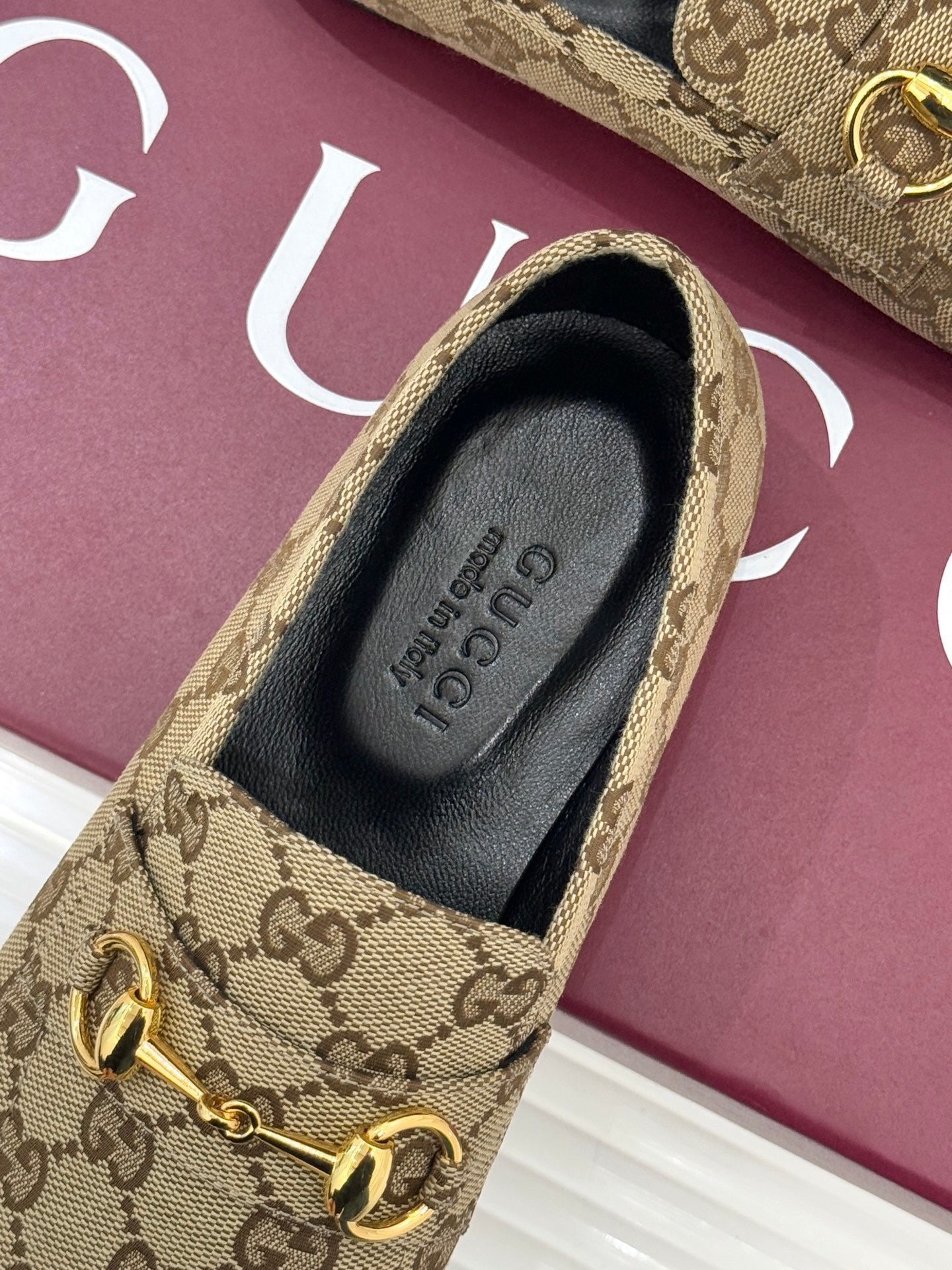 Jordaan Loafer – Beige & Ebony GG Supreme Canvas with Gold-Tone Horsebit