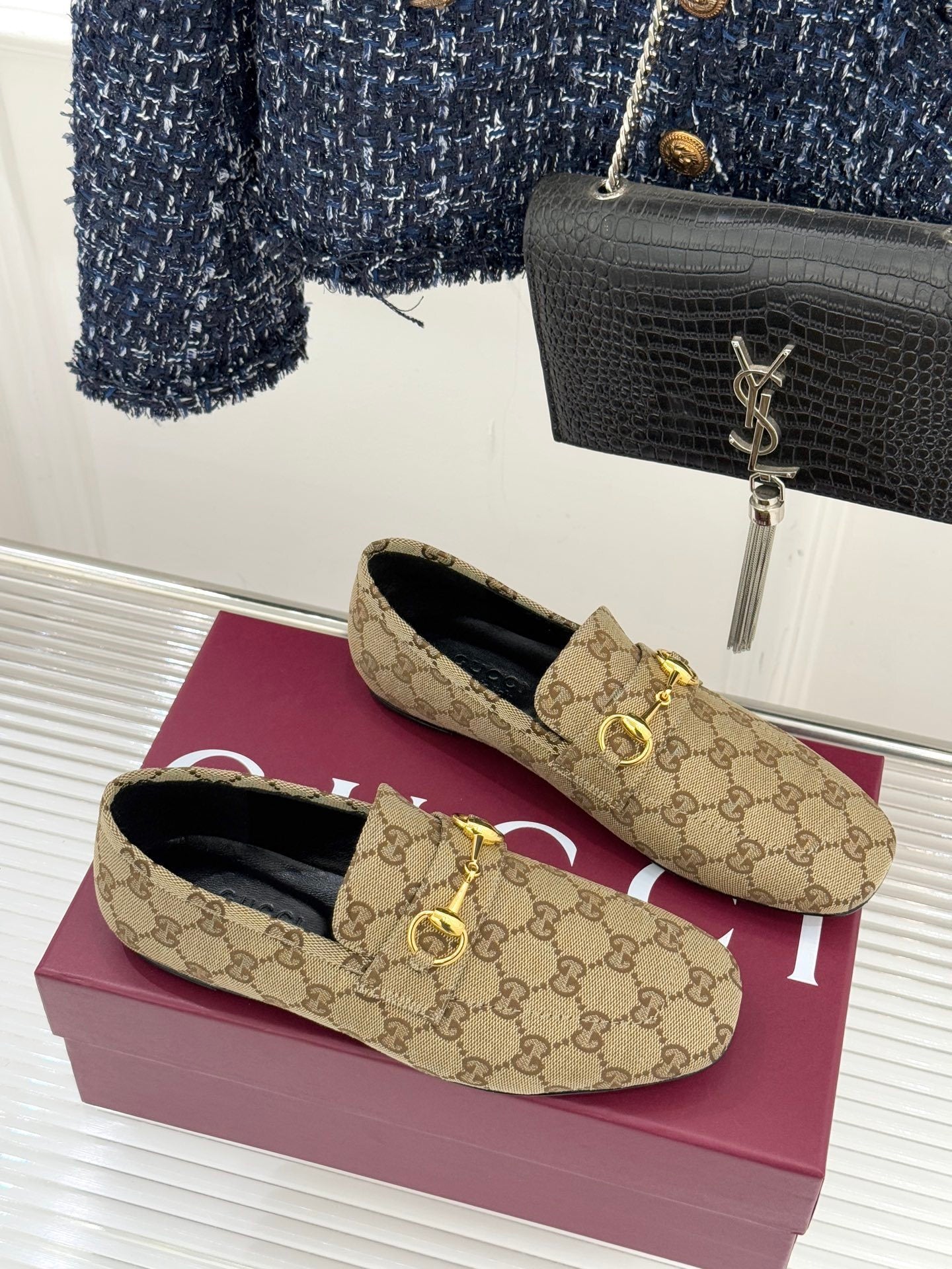 Jordaan Loafer – Beige & Ebony GG Supreme Canvas with Gold-Tone Horsebit