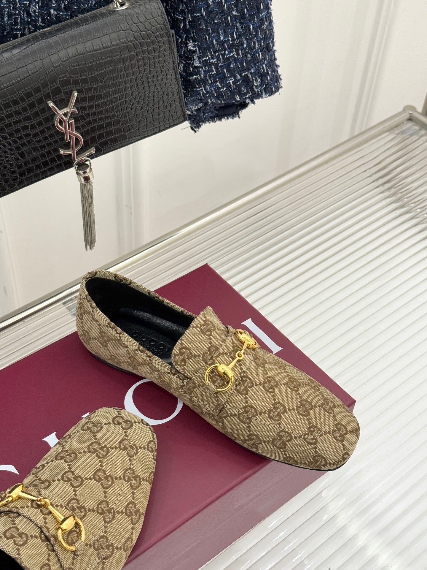 Jordaan Loafer – Beige & Ebony GG Supreme Canvas with Gold-Tone Horsebit