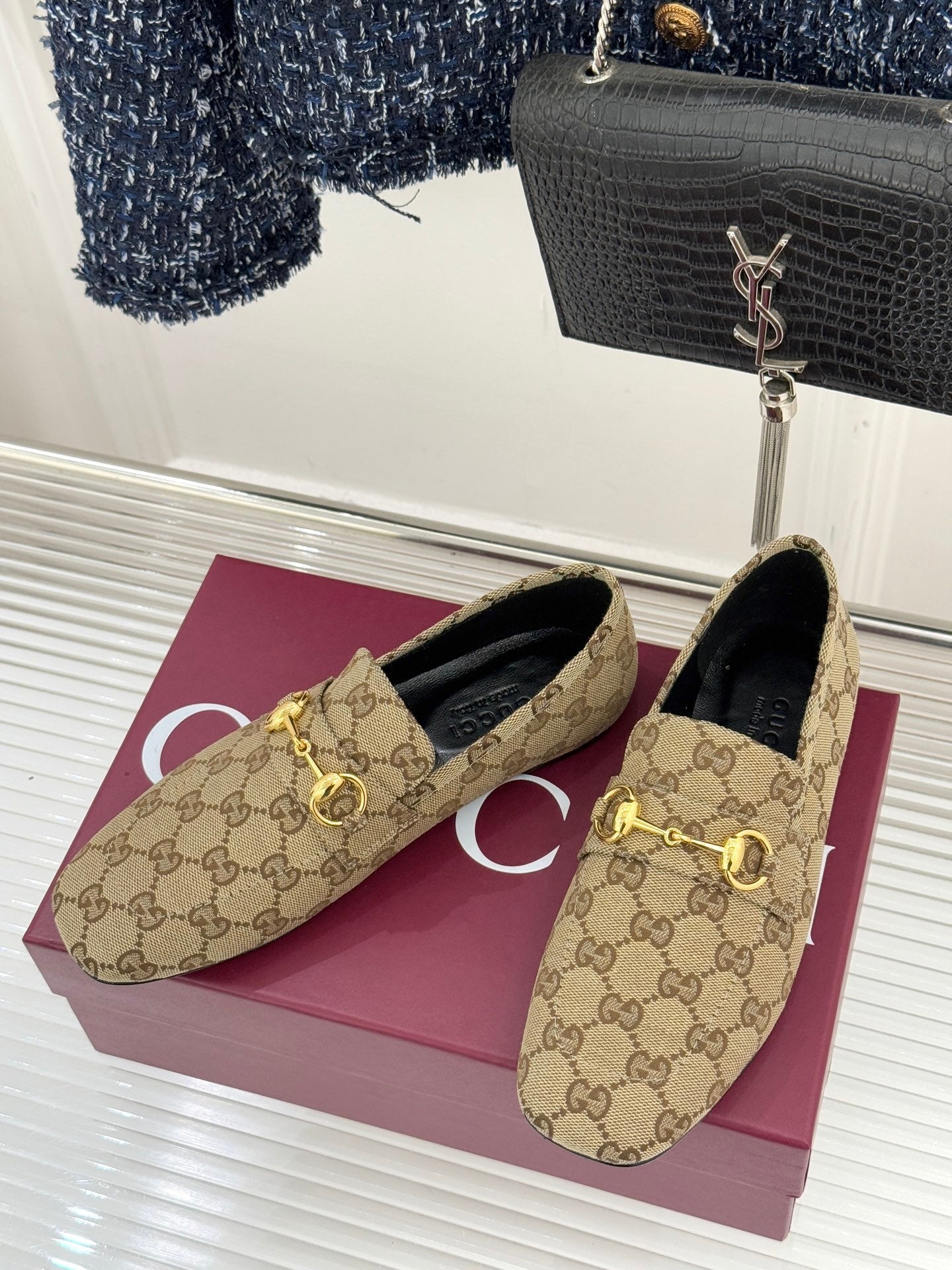 Jordaan Loafer – Beige & Ebony GG Supreme Canvas with Gold-Tone Horsebit