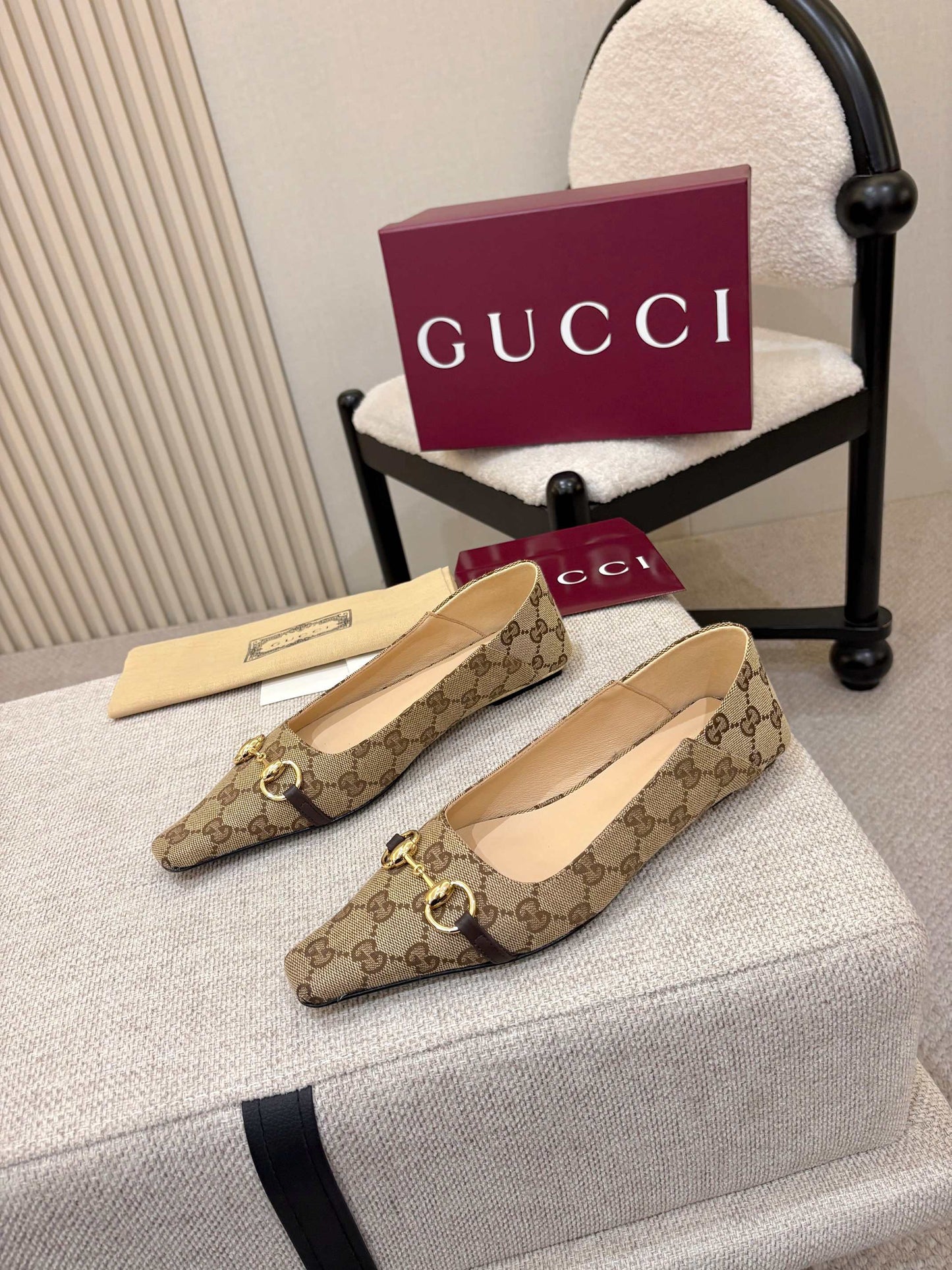 Horsebit GG Canvas Square Toe Ballet Flats – Beige & Ebony Monogram Jacquard Ballerinas