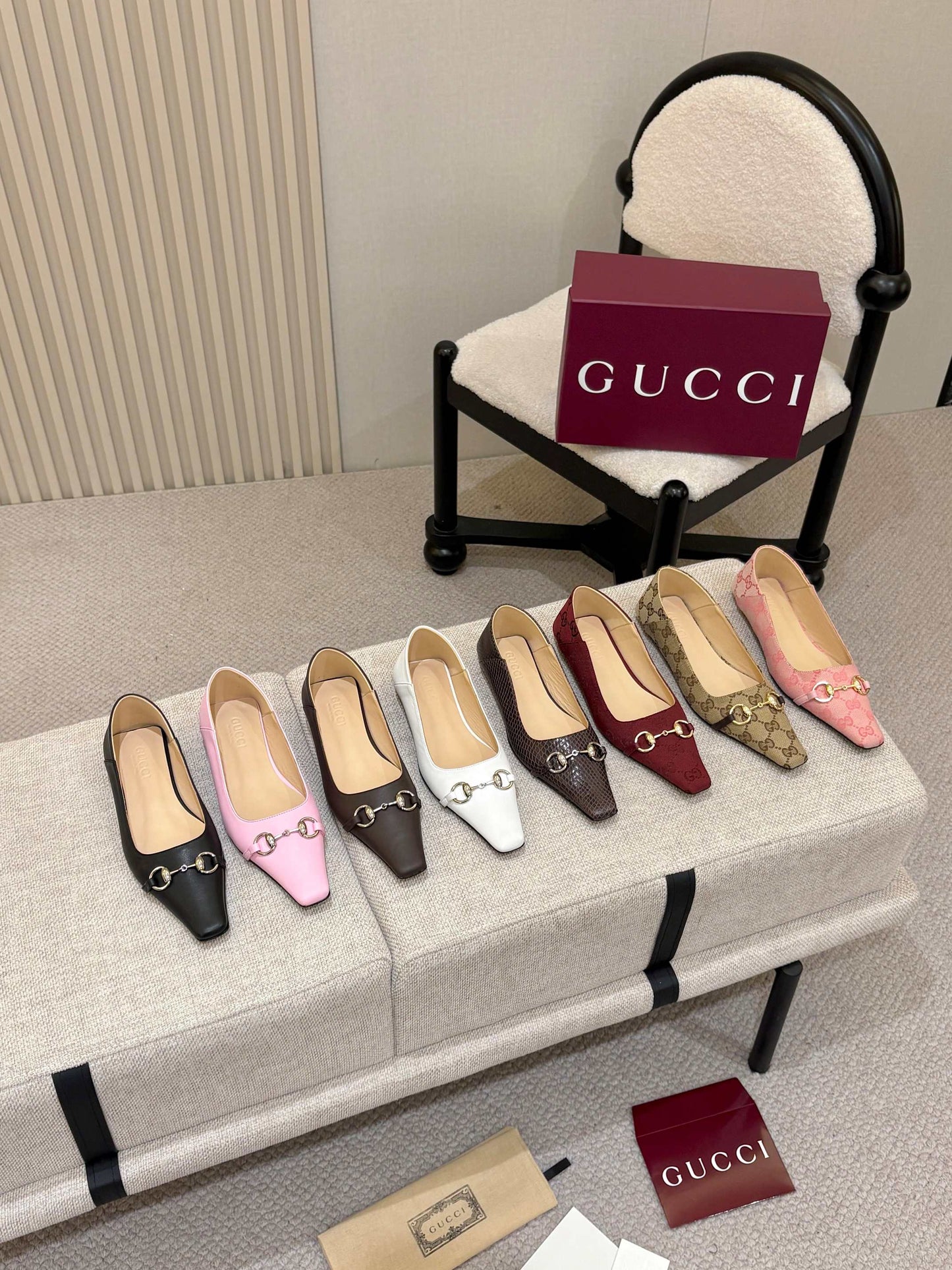 Horsebit GG Canvas Square Toe Ballet Flats – Beige & Ebony Monogram Jacquard Ballerinas