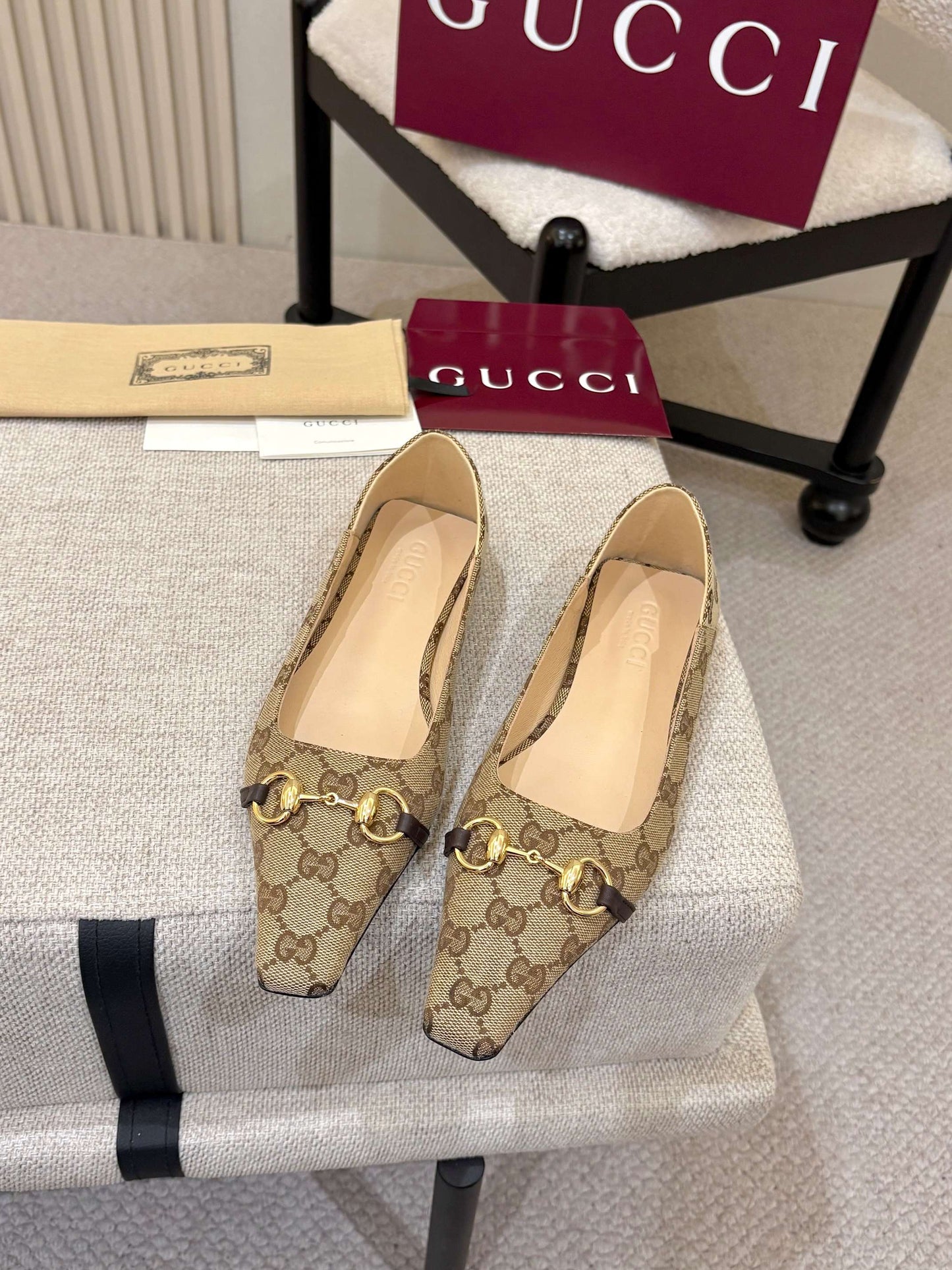 Horsebit GG Canvas Square Toe Ballet Flats – Beige & Ebony Monogram Jacquard Ballerinas
