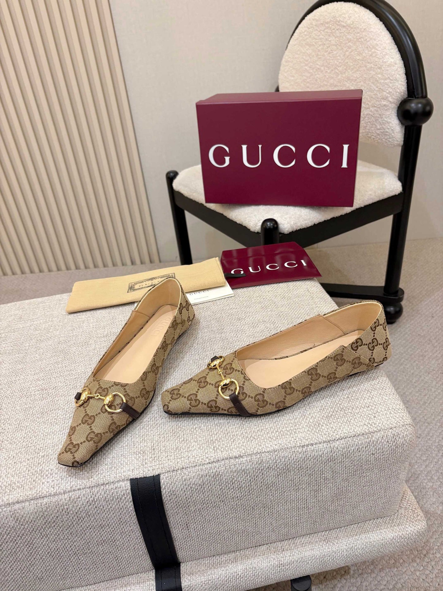 Horsebit GG Canvas Square Toe Ballet Flats – Beige & Ebony Monogram Jacquard Ballerinas