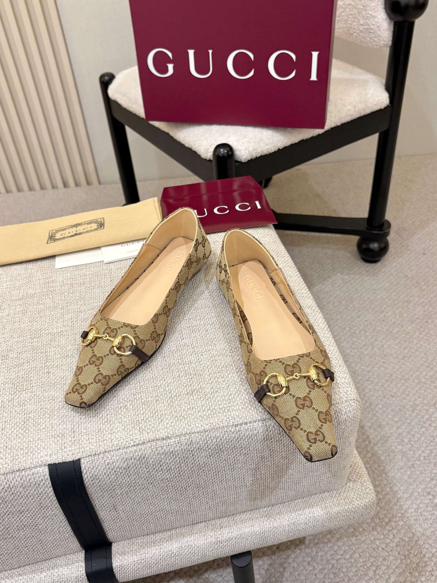 Horsebit GG Canvas Square Toe Ballet Flats – Beige & Ebony Monogram Jacquard Ballerinas