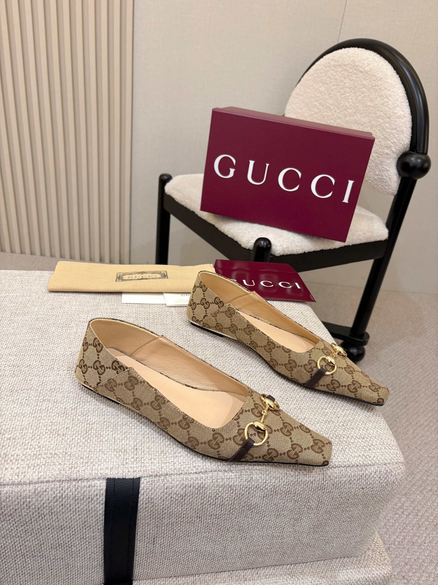 Horsebit GG Canvas Square Toe Ballet Flats – Beige & Ebony Monogram Jacquard Ballerinas