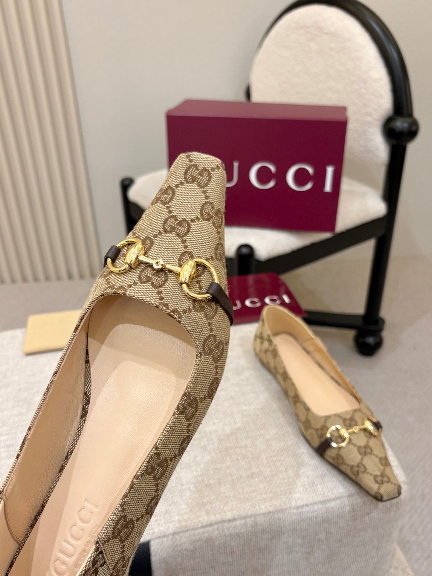 Horsebit GG Canvas Square Toe Ballet Flats – Beige & Ebony Monogram Jacquard Ballerinas