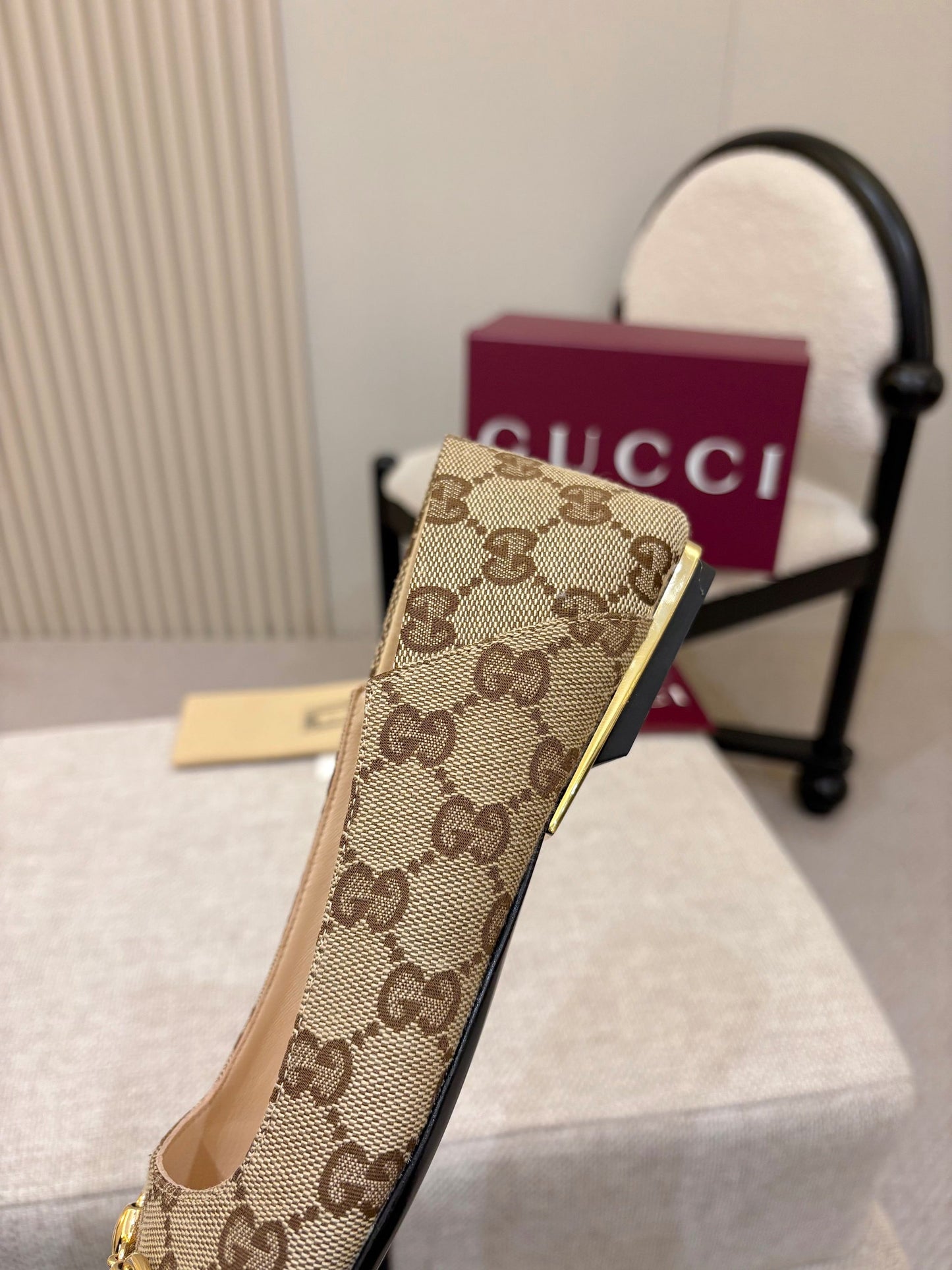 Horsebit GG Canvas Square Toe Ballet Flats – Beige & Ebony Monogram Jacquard Ballerinas