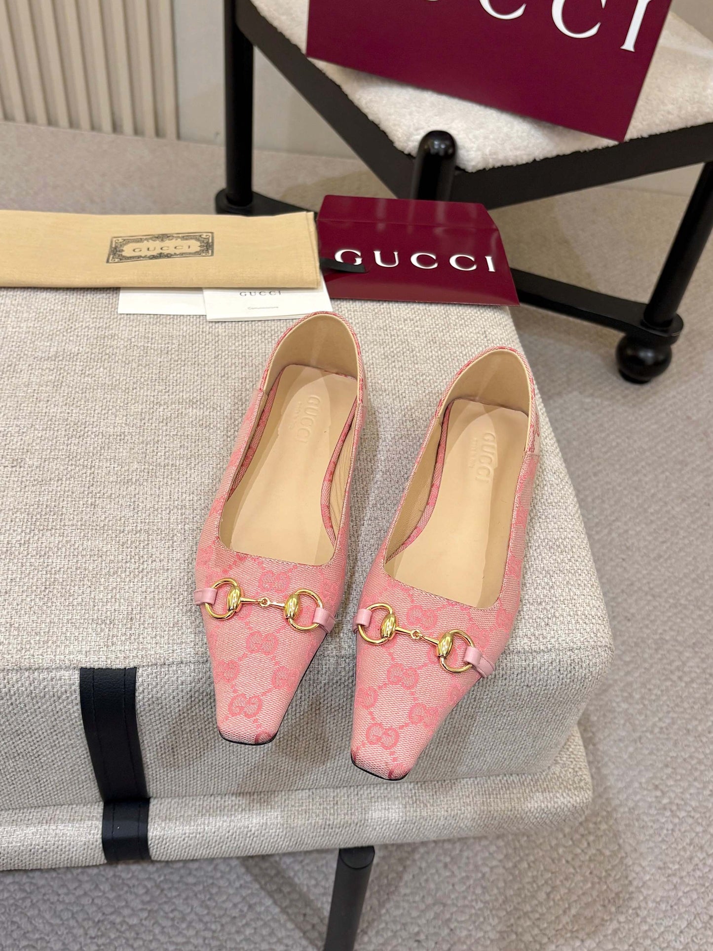 GG Canvas Square Toe Ballet Flats – Pastel Pink Woven Monogram Open-Toe Slipper Mules