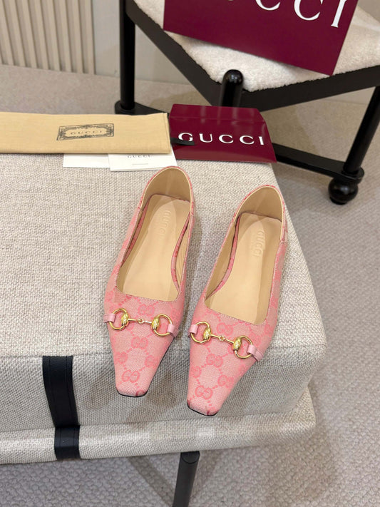 GG Canvas Square Toe Ballet Flats – Pastel Pink Woven Monogram Open-Toe Slipper Mules