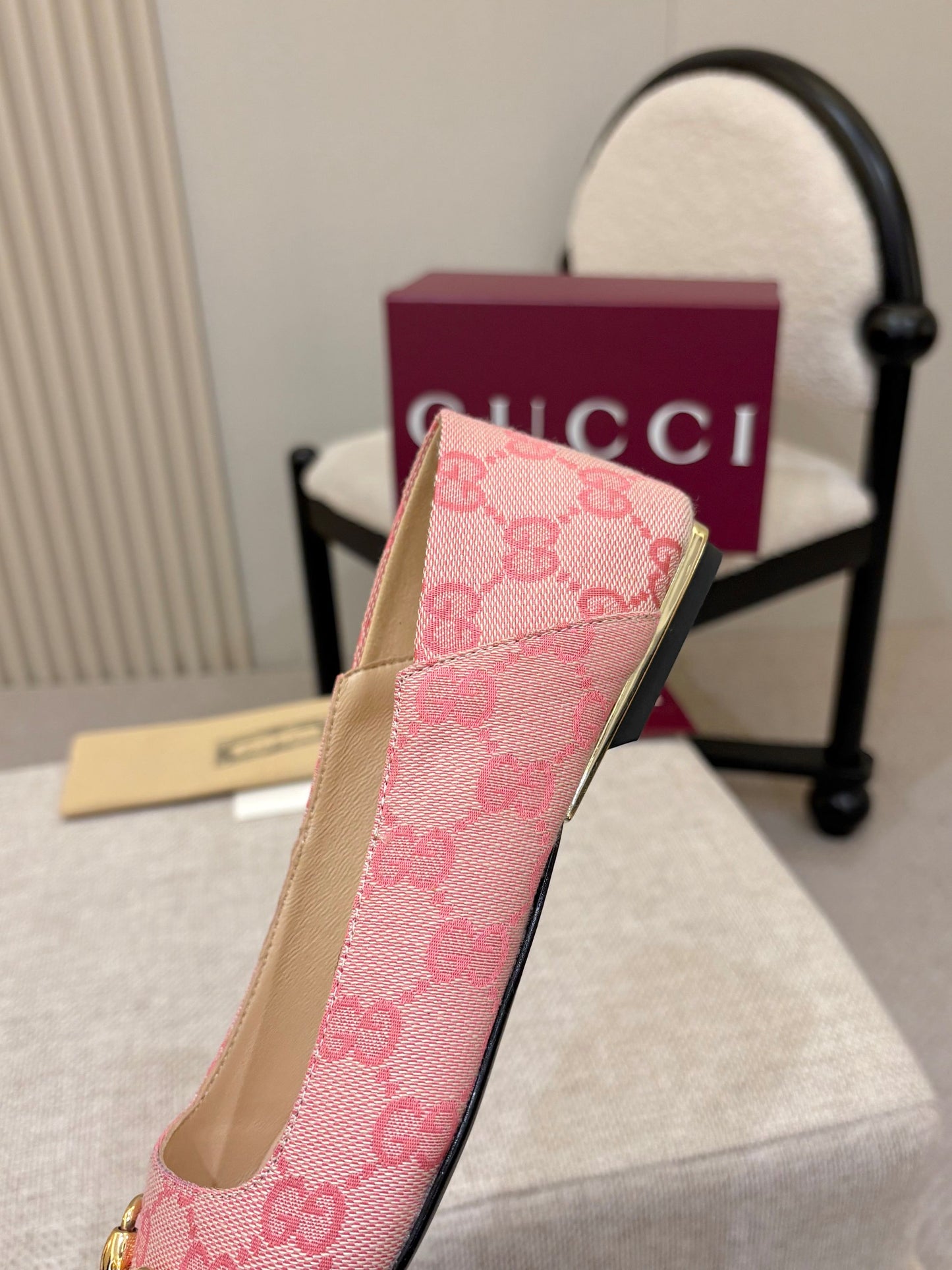 GG Canvas Square Toe Ballet Flats – Pastel Pink Woven Monogram Open-Toe Slipper Mules