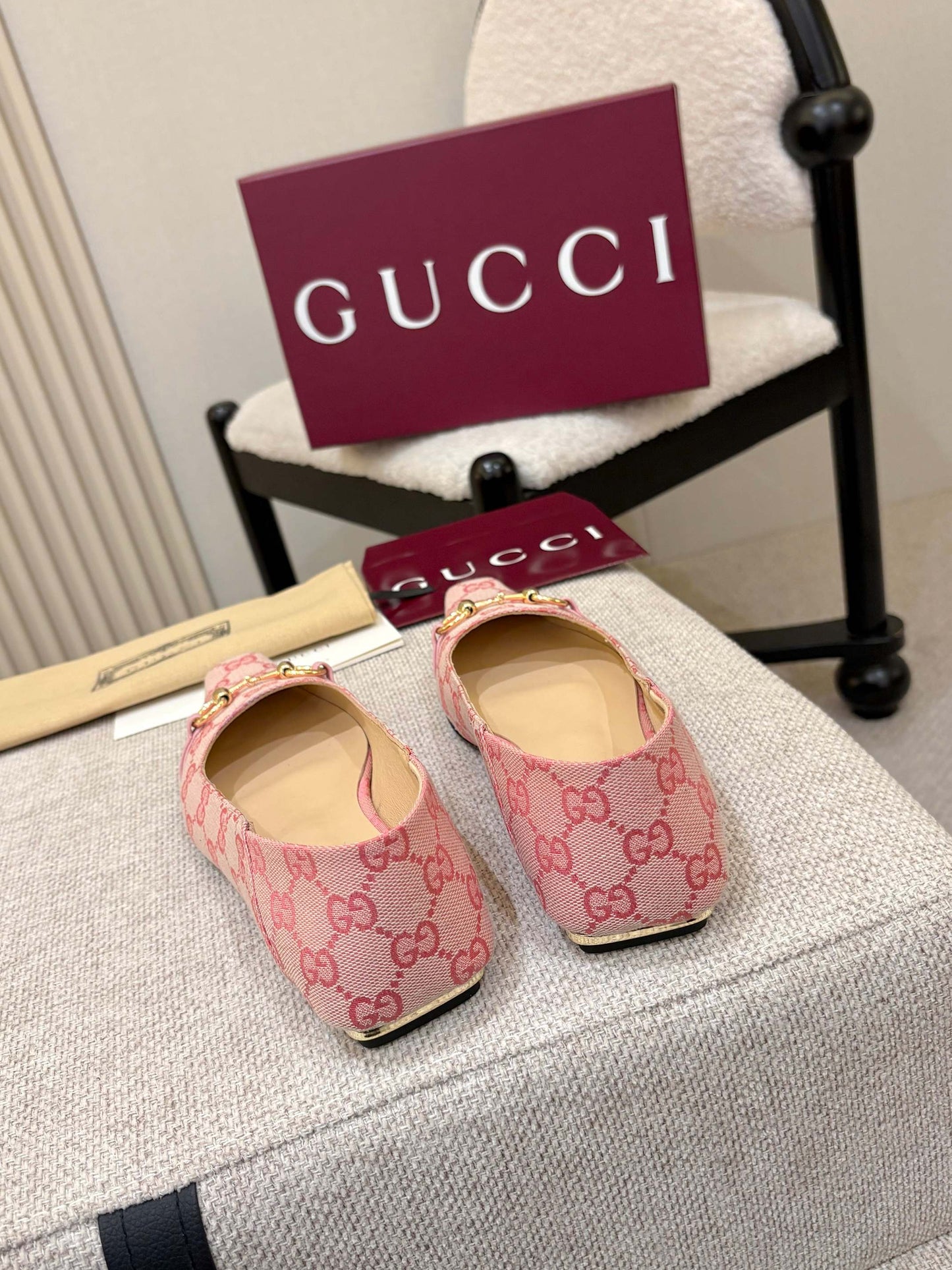 GG Canvas Square Toe Ballet Flats – Pastel Pink Woven Monogram Open-Toe Slipper Mules