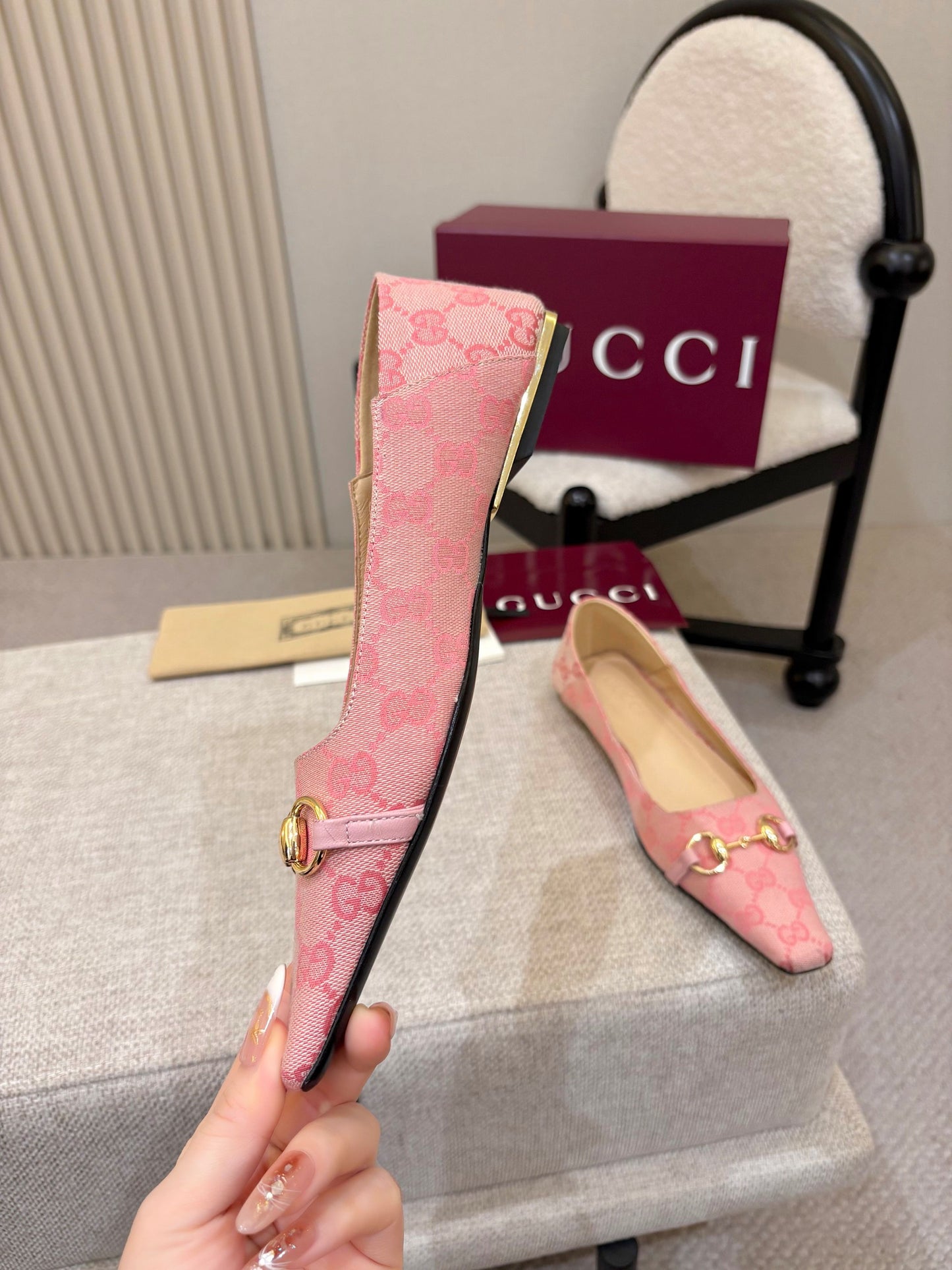 GG Canvas Square Toe Ballet Flats – Pastel Pink Woven Monogram Open-Toe Slipper Mules
