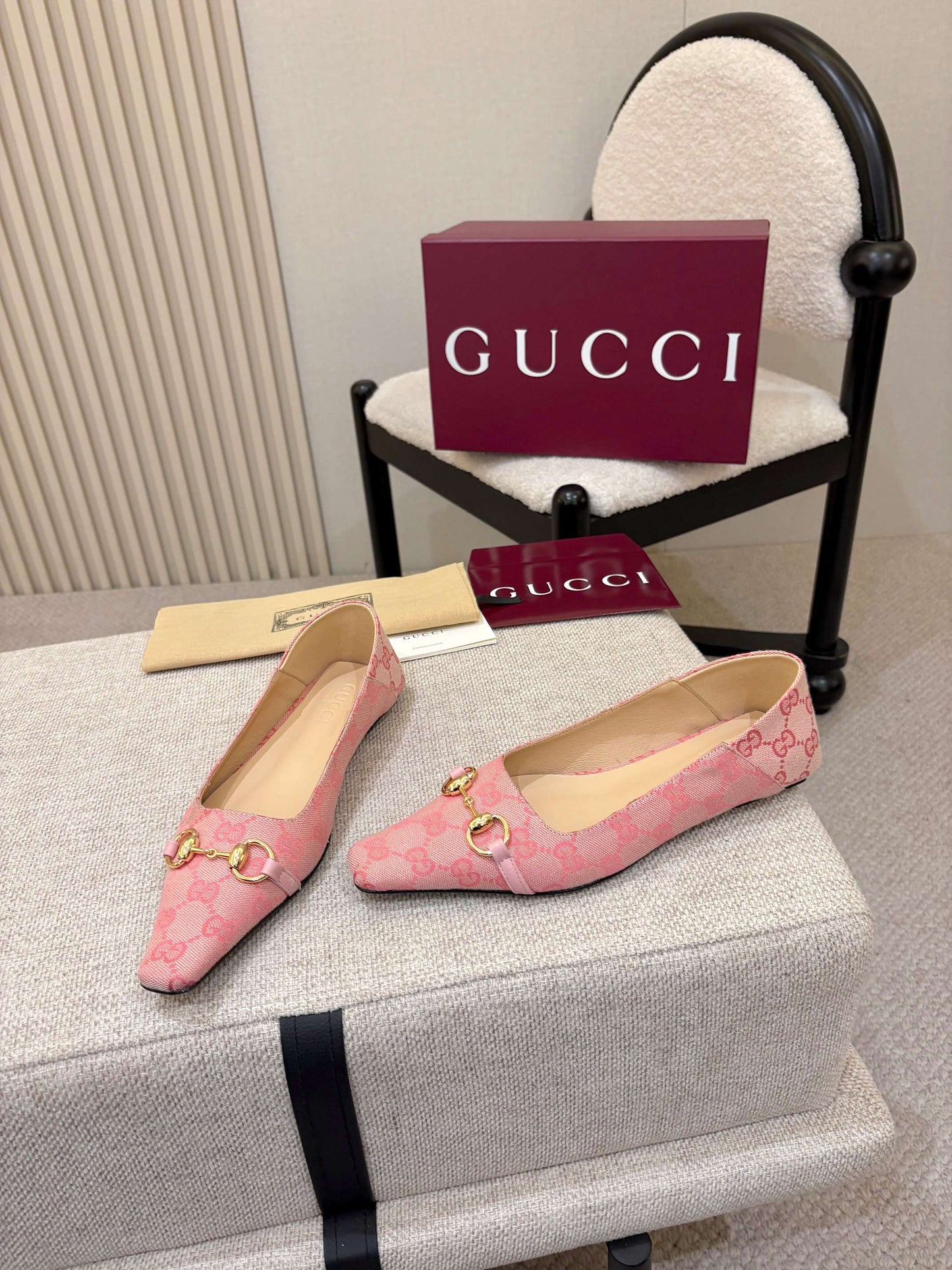 GG Canvas Square Toe Ballet Flats – Pastel Pink Woven Monogram Open-Toe Slipper Mules
